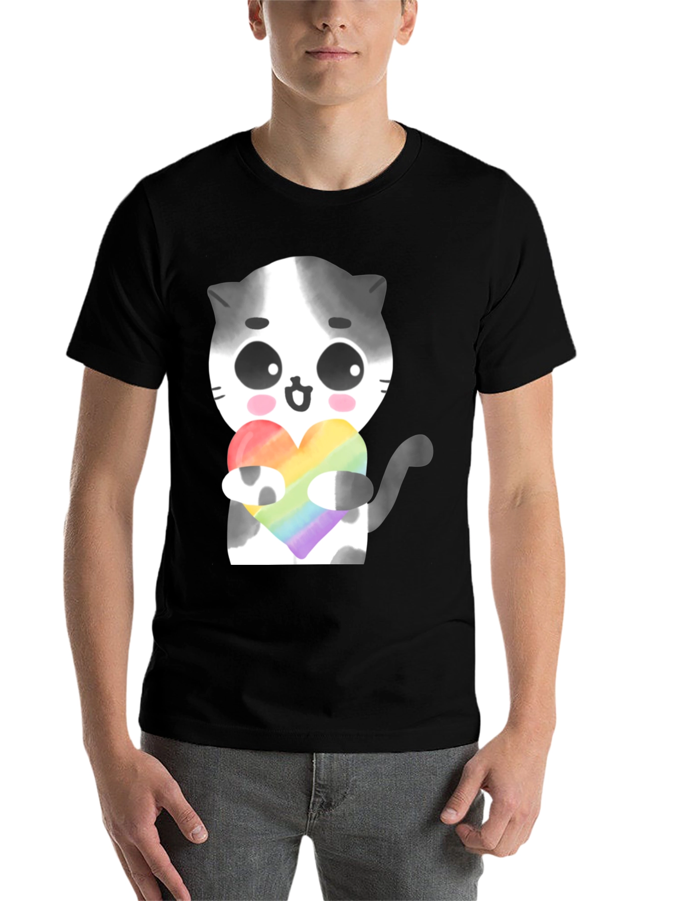 Black Cute Cat Holding Rainbow Heart T-Shirt view 7
