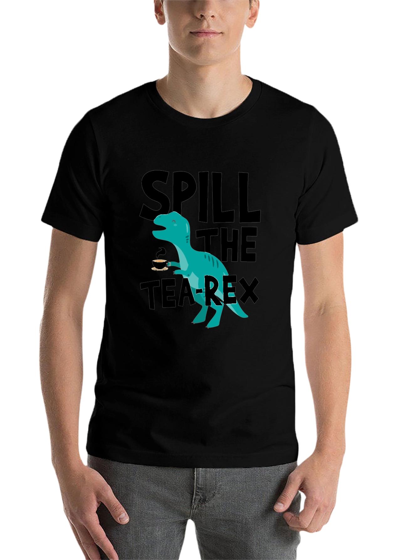 Black Spill the Tea-Rex T-Shirt - Funny Dinosaur Graphic Tee view 7