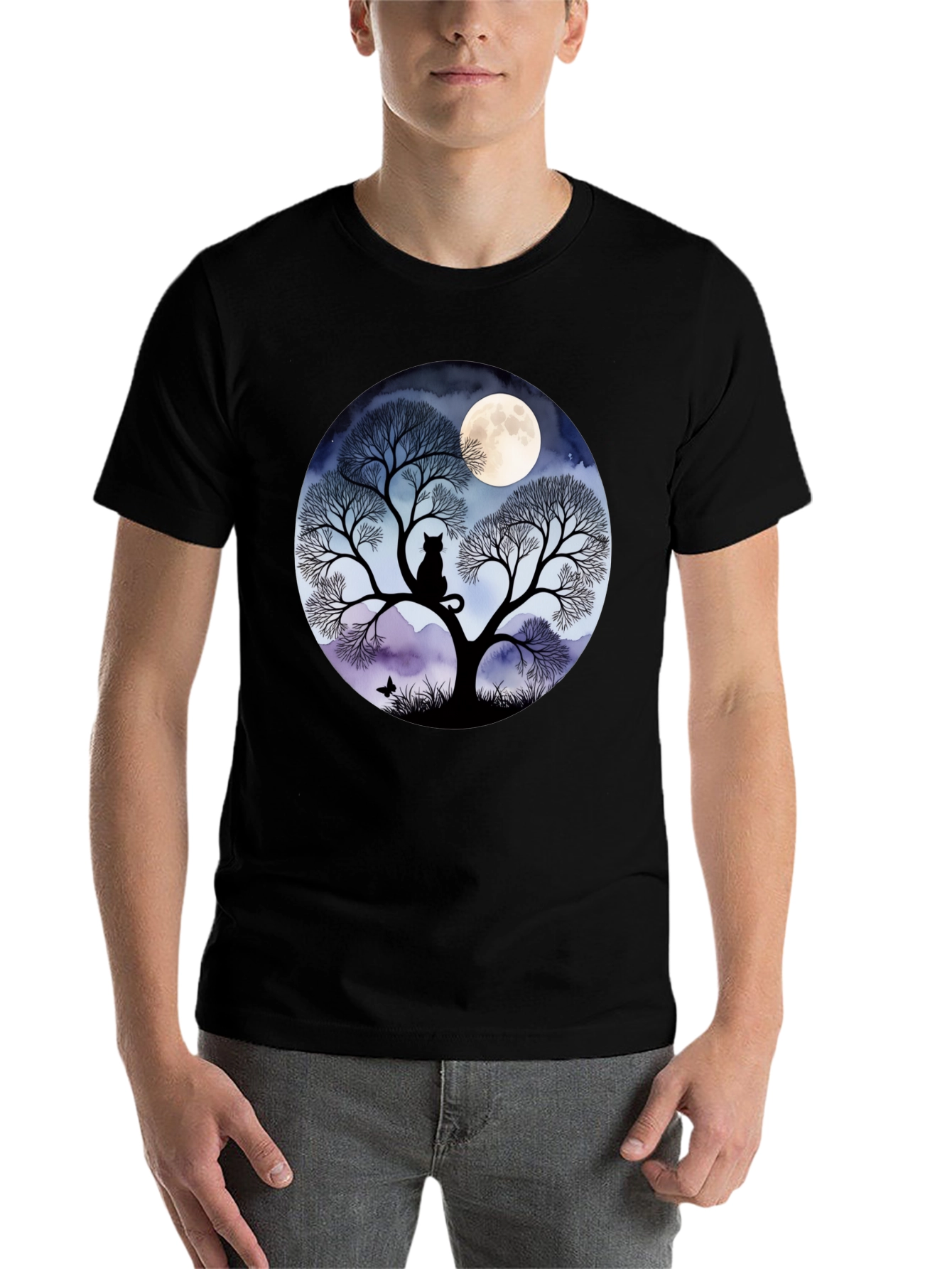 Black Moonlit Cat Tree Graphic Tee view 7