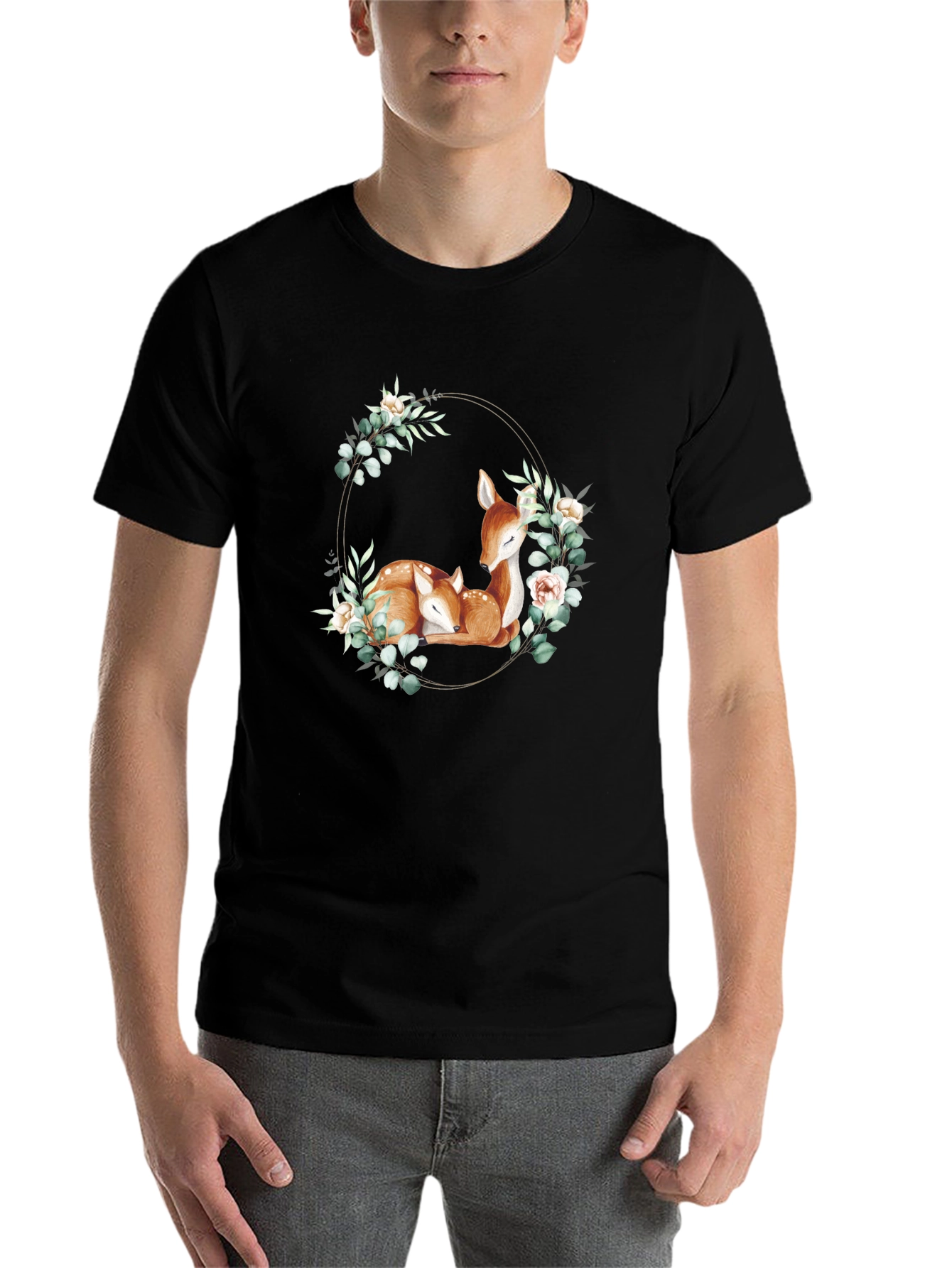 Black Deer Floral Wreath Black T-Shirt view 7