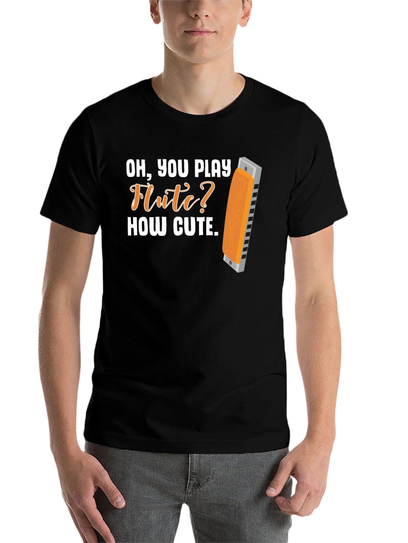 Black Funny Harmonica T-Shirt: Oh, You Play Flute? How Cute view 7