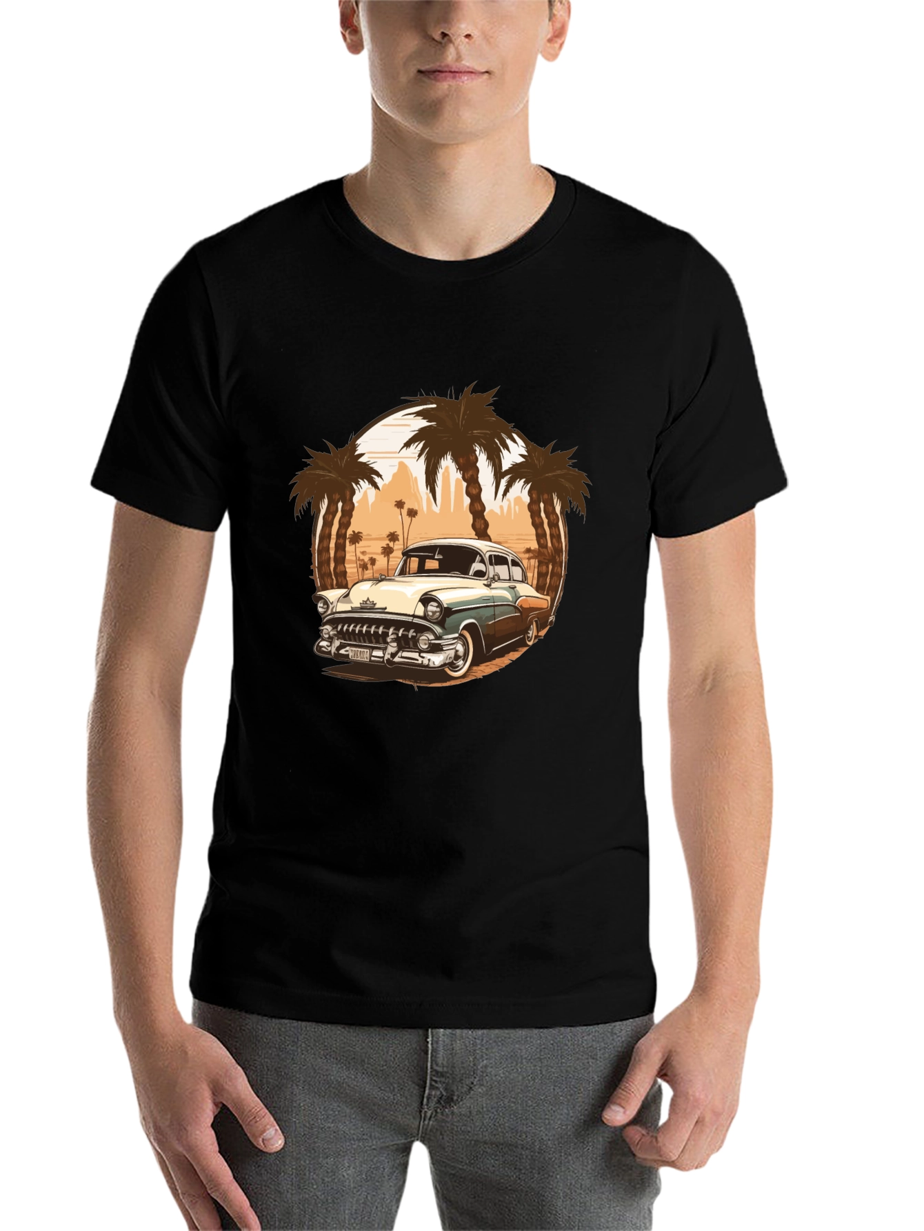 Black Vintage Car Graphic Tee - Palm Tree Design view 7