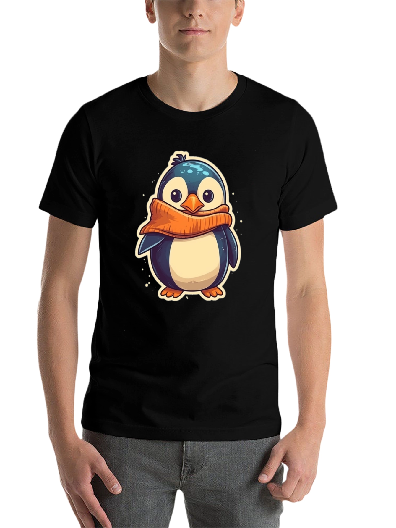 Black Cute Penguin Scarf Graphic Tee - Black Cotton T-Shirt view 7