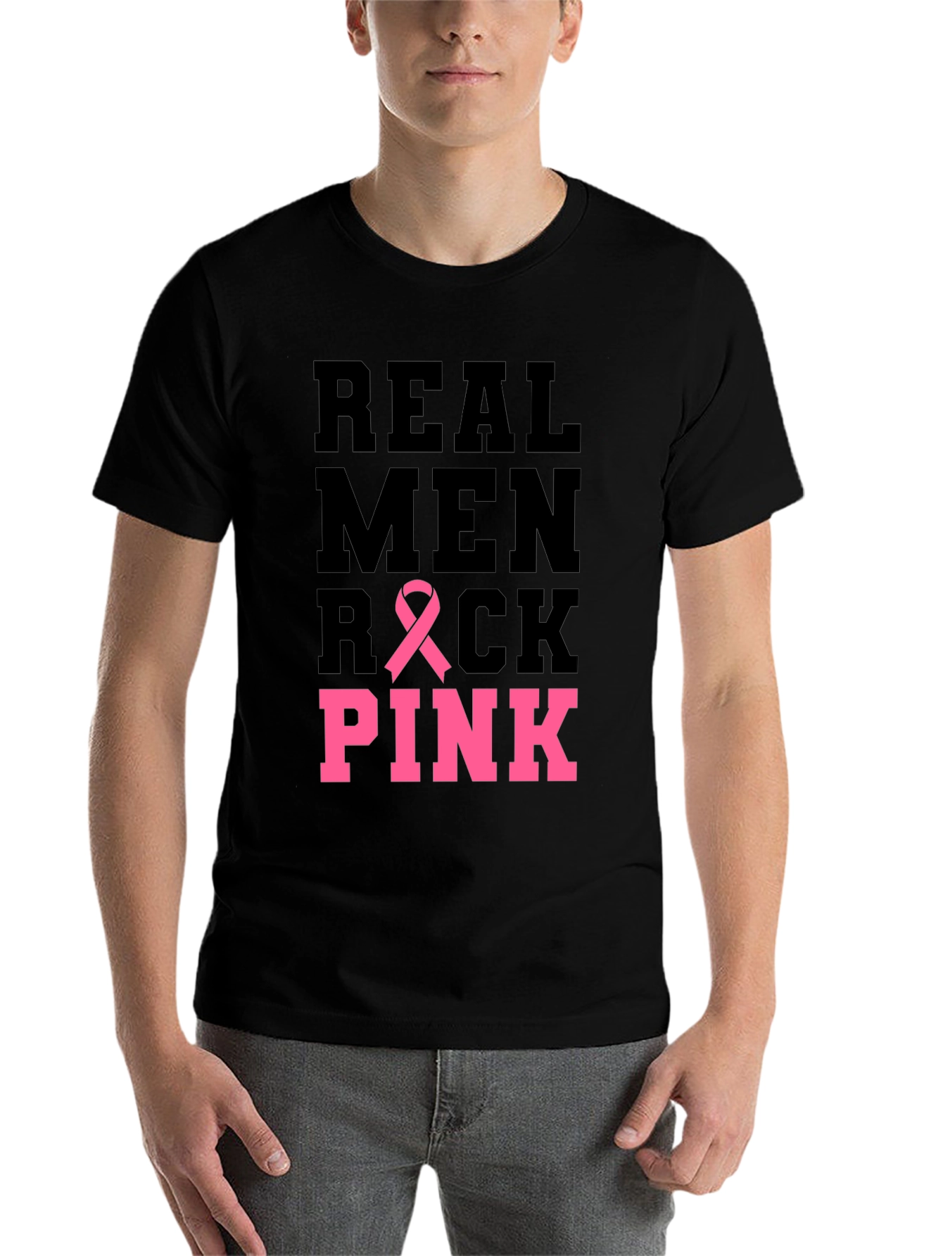 Black Real Men Rock Pink Breast Cancer Awareness T-Shirt view 7