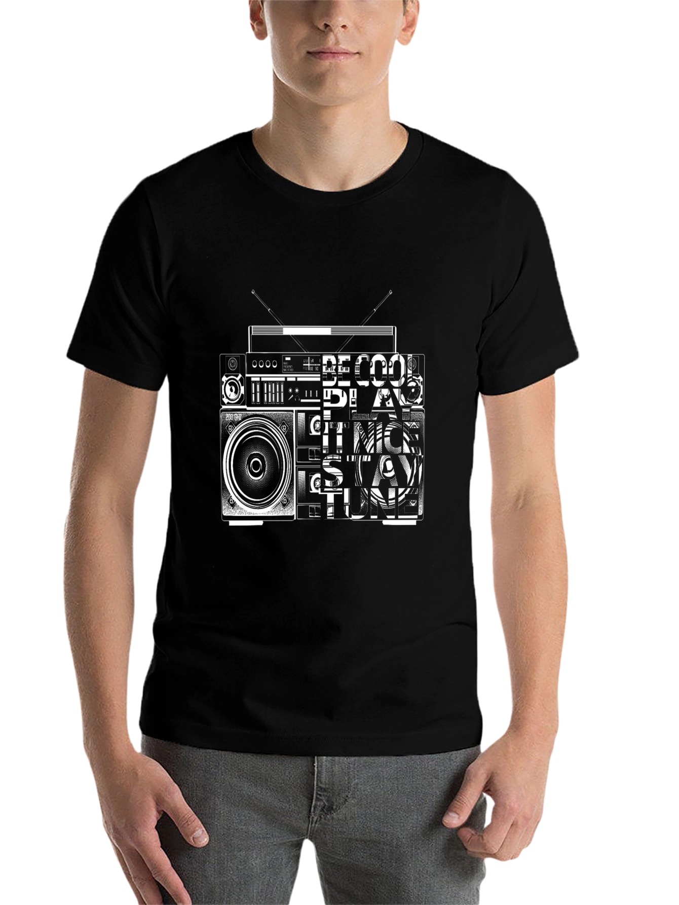 Black Retro Radio Graphic Tee - Black Cotton T-Shirt view 7