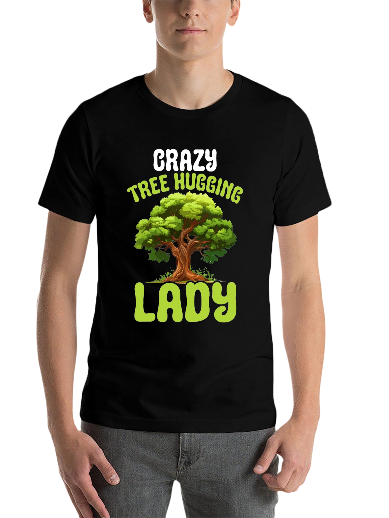Black Crazy Tree Hugging Lady T-Shirt view 7