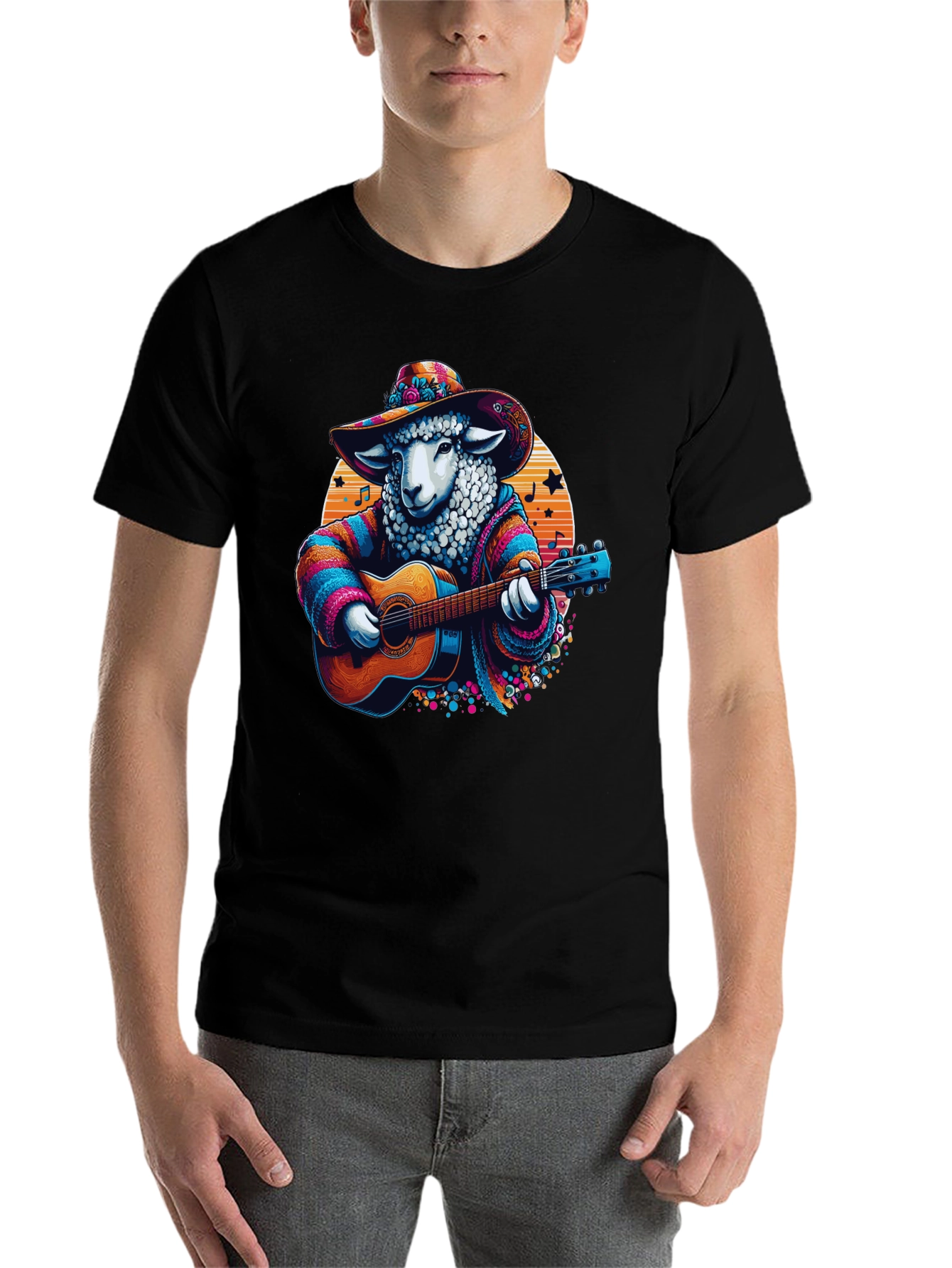 Black Musical Sheep T-Shirt: Colorful Graphic Tee view 7