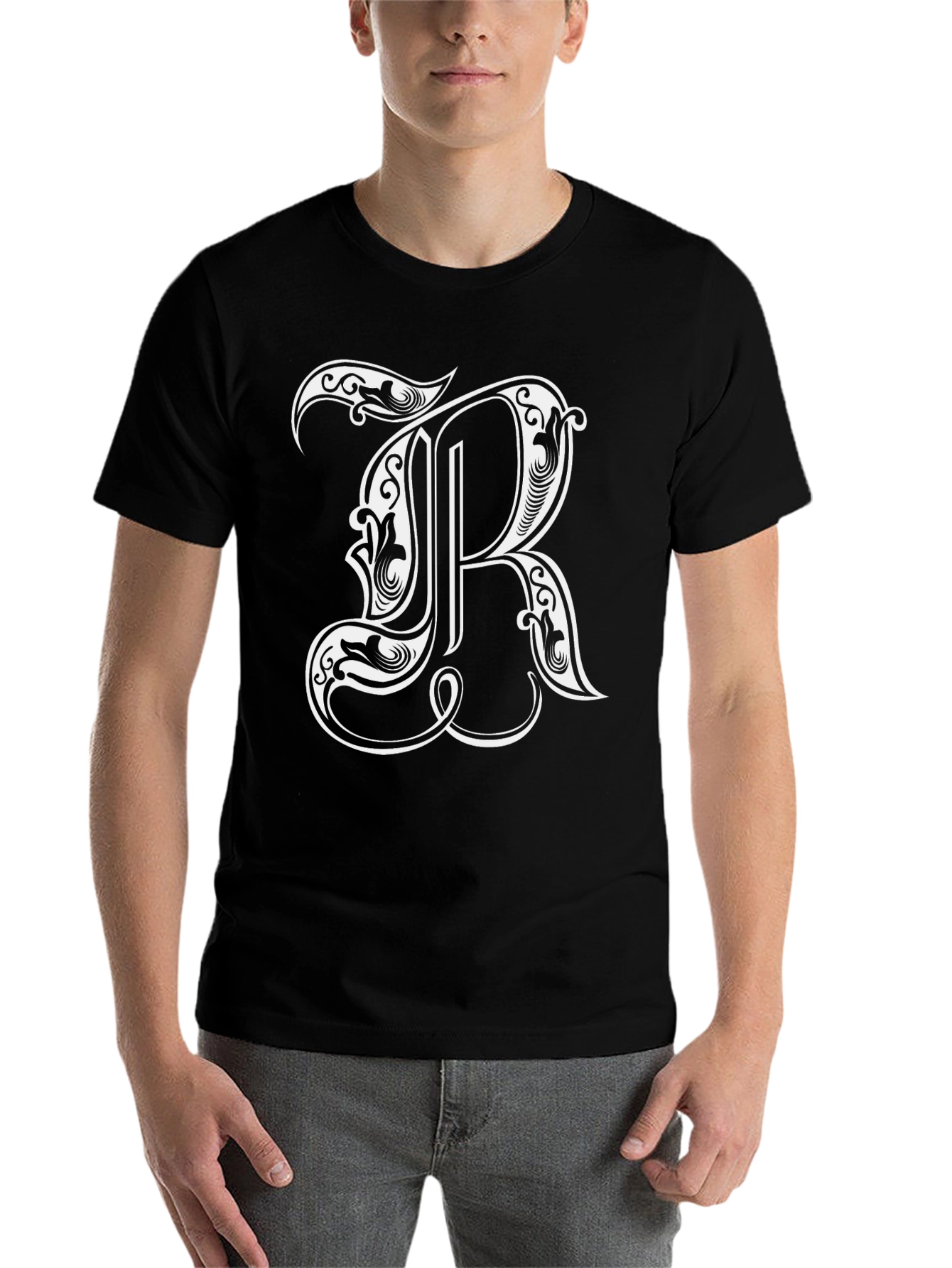 Black Ornate Initial 'R' Black Graphic T-Shirt view 7