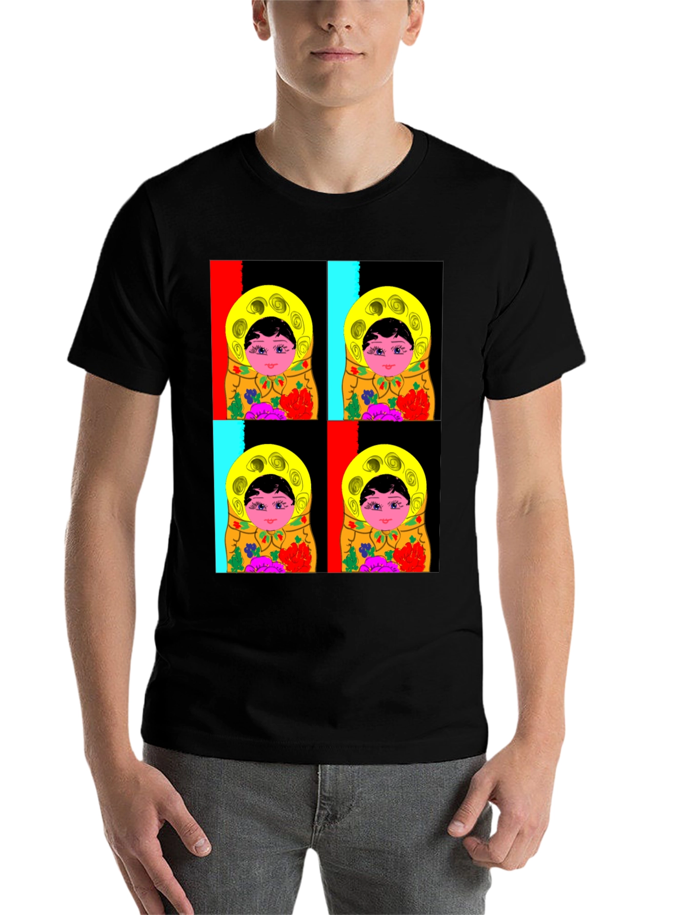 Black Matryoshka Doll Graphic T-Shirt, Black Cotton Tee view 7