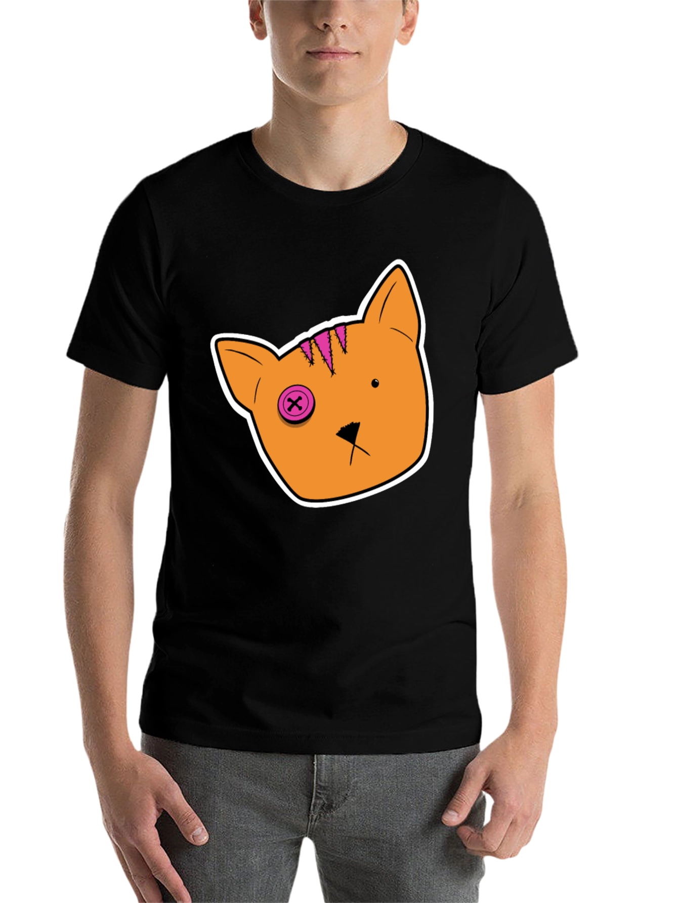 Black Cartoon Cat Tee: Black Cotton T-Shirt view 7