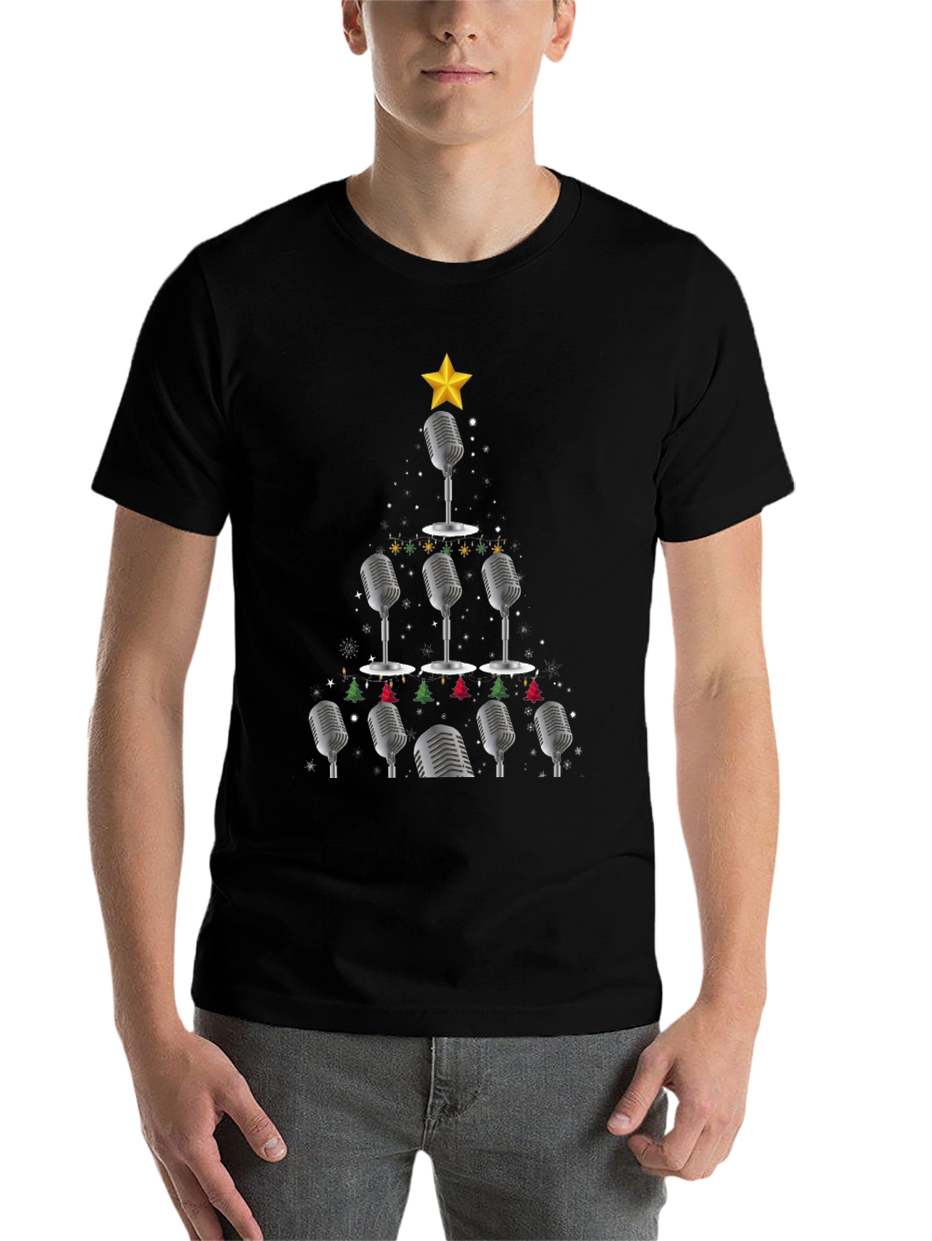 Black Microphone Christmas Tree Graphic Tee view 7