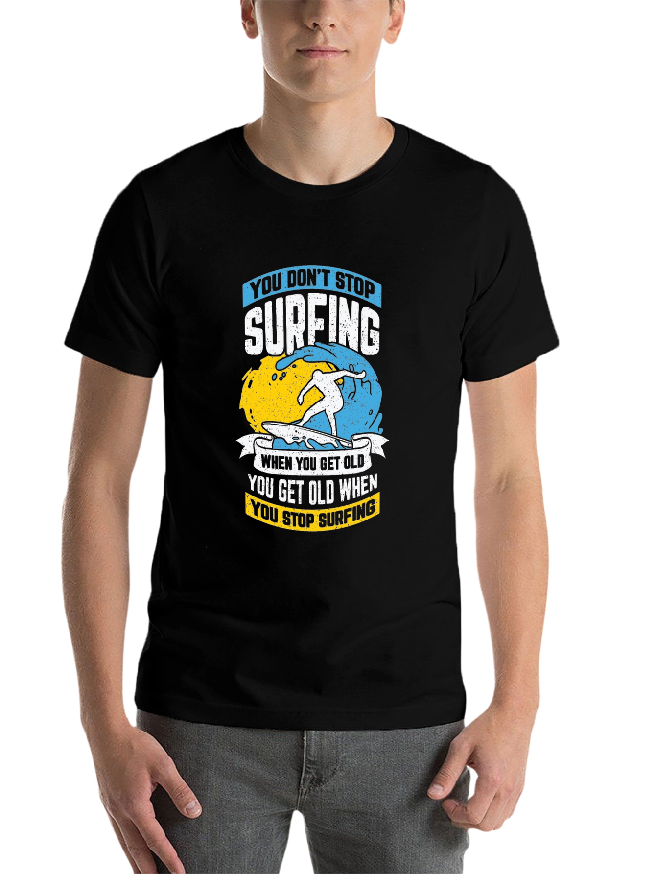 Black Surfing Graphic T-Shirt - Never Stop Surfing! view 7