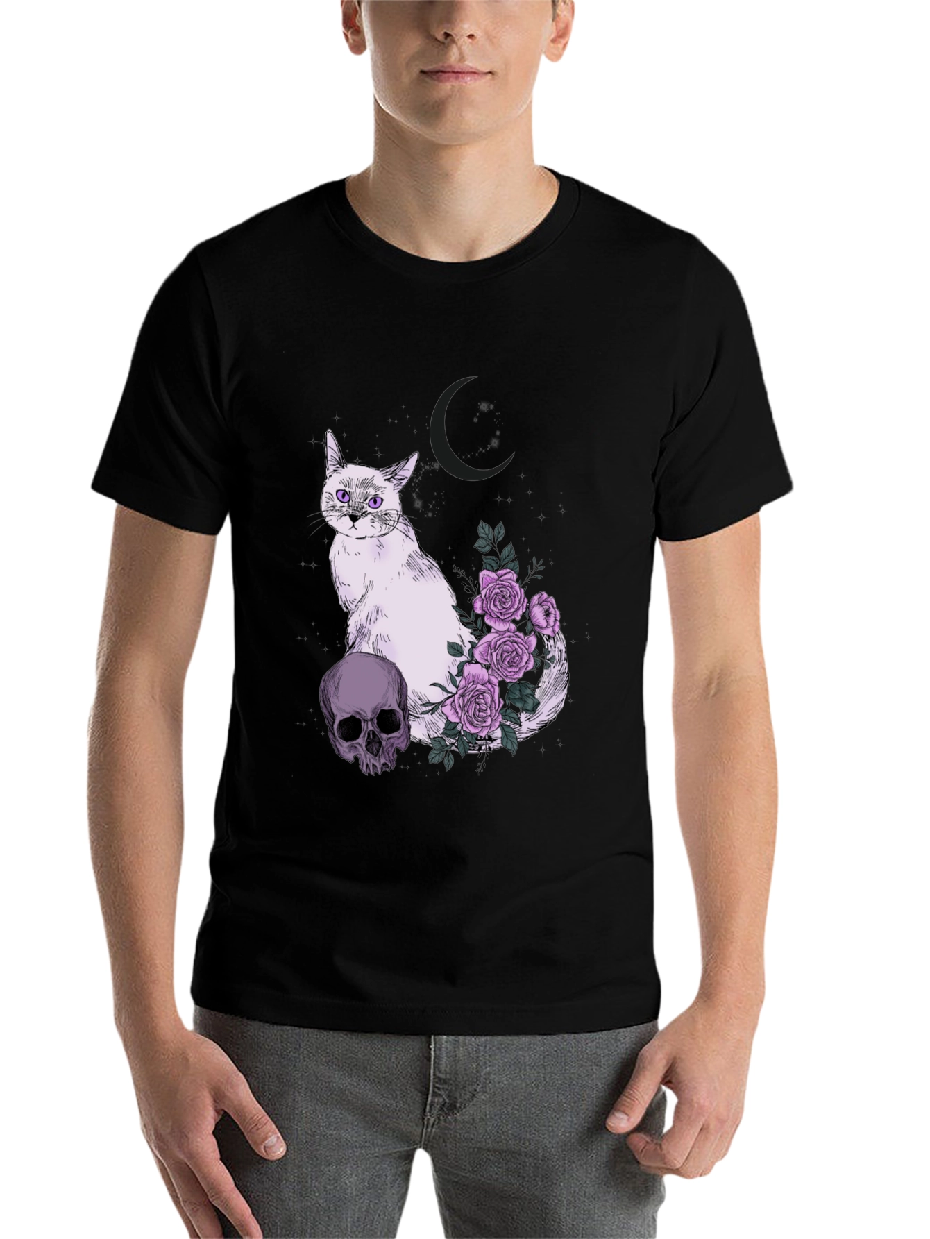 Black Gothic Cat Skull & Roses T-Shirt view 7