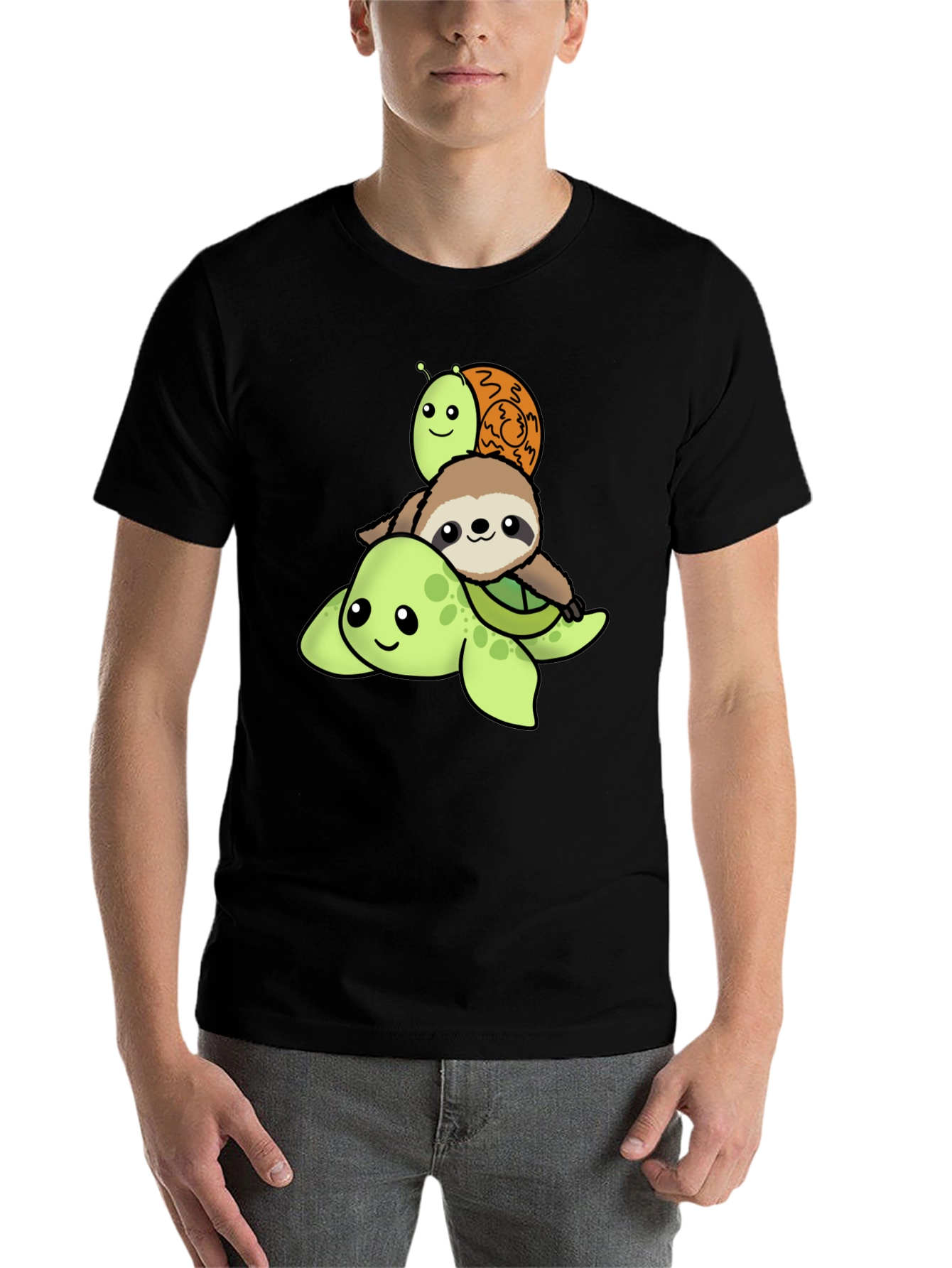 Black Turtle, Sloth, Snail Cartoon Stack T-Shirt view 7