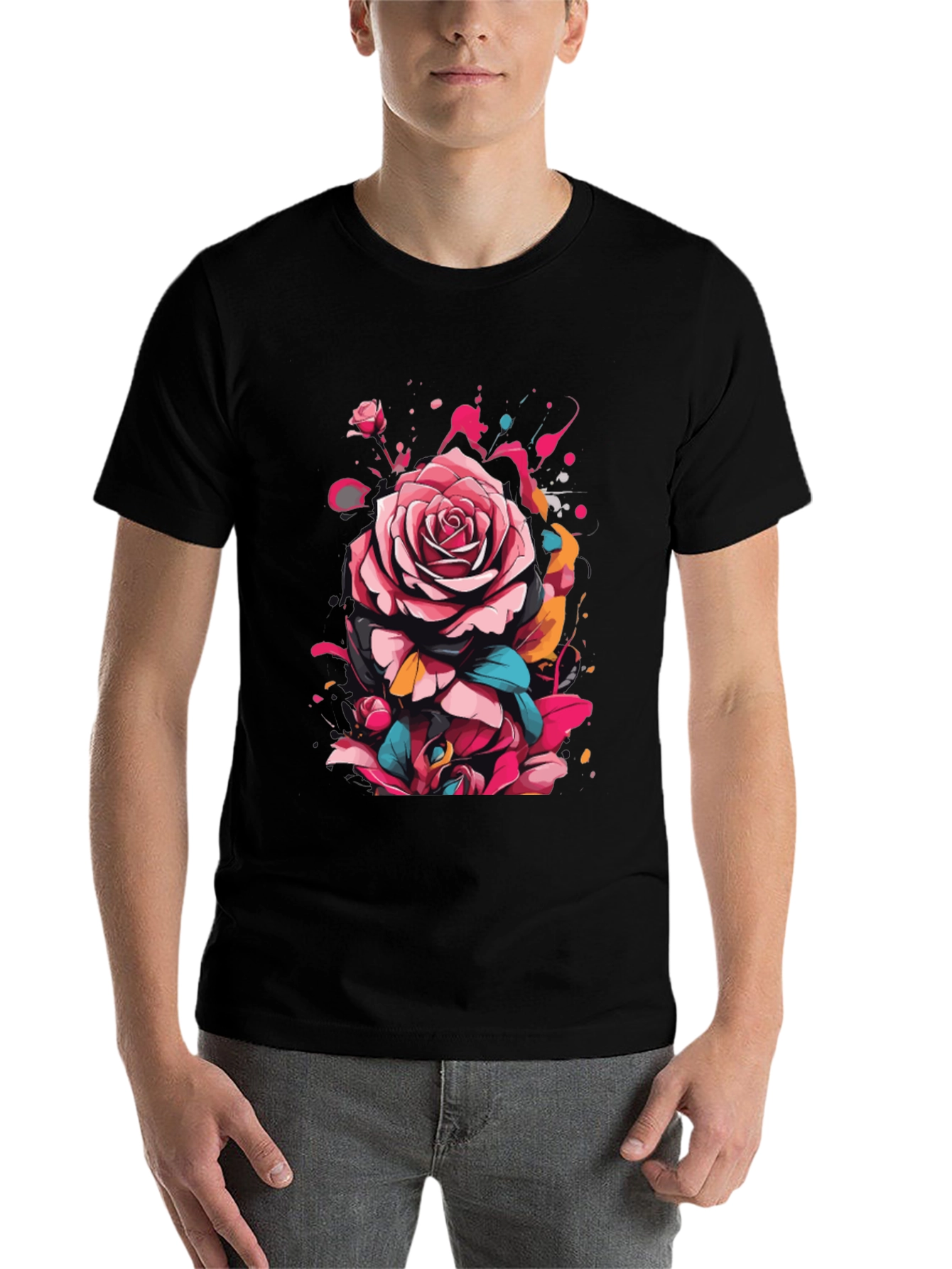 Black Floral Rose Graphic Tee - Abstract Art Shirt view 7