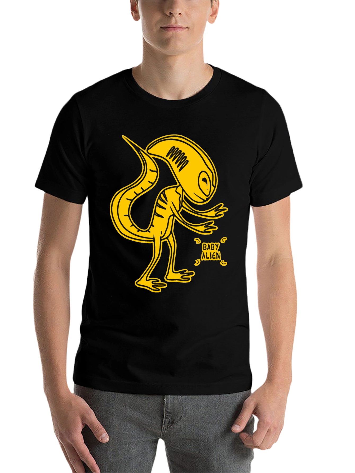 Black Baby Alien Graphic T-Shirt - Yellow Design view 7