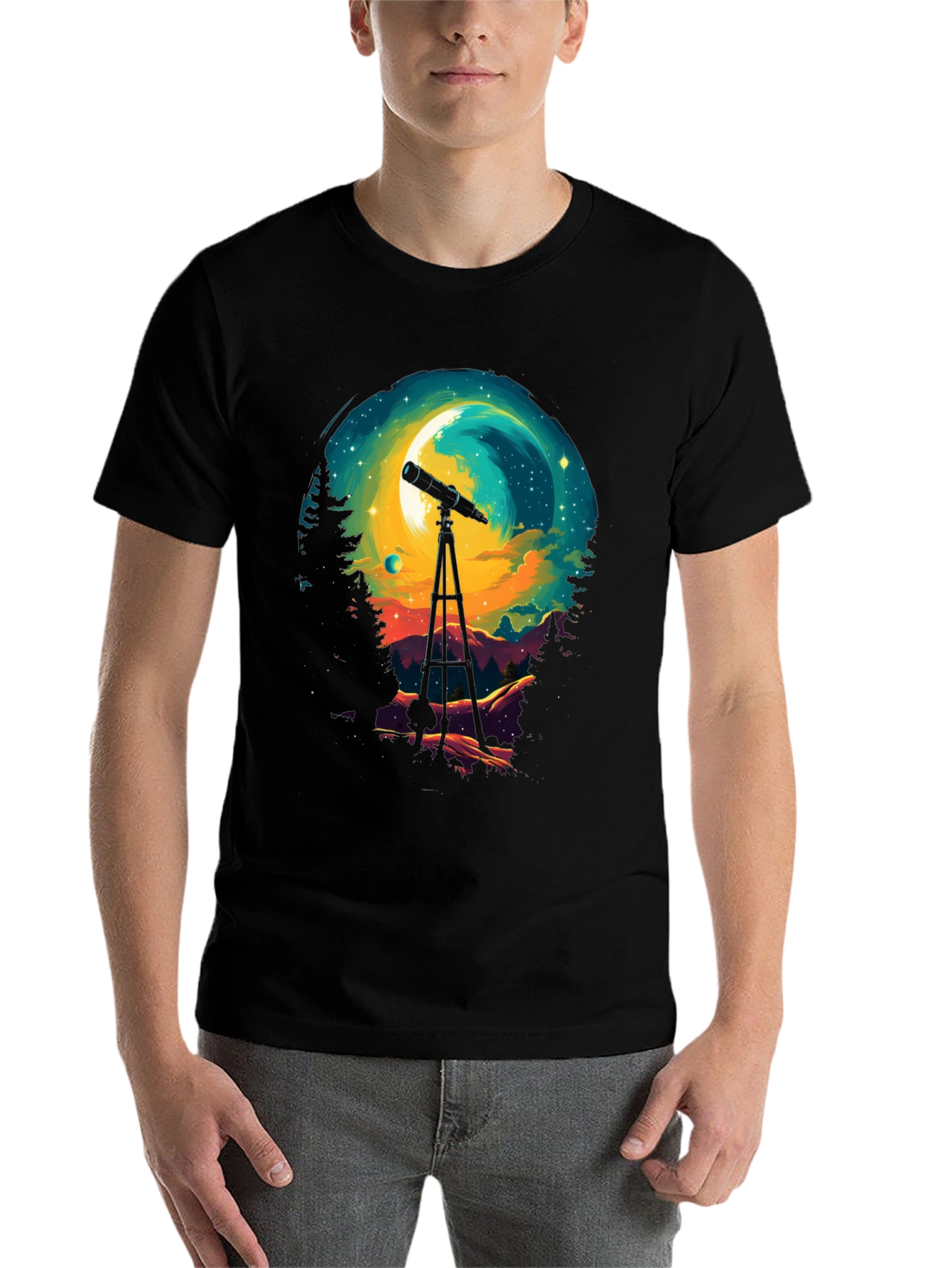 Black Astronomy Night Sky Telescope Graphic T-Shirt view 7