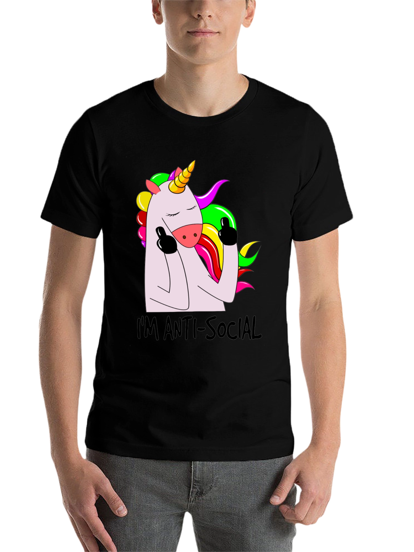 Black Anti-Social Unicorn Graphic Tee - Soft Black Cotton view 7