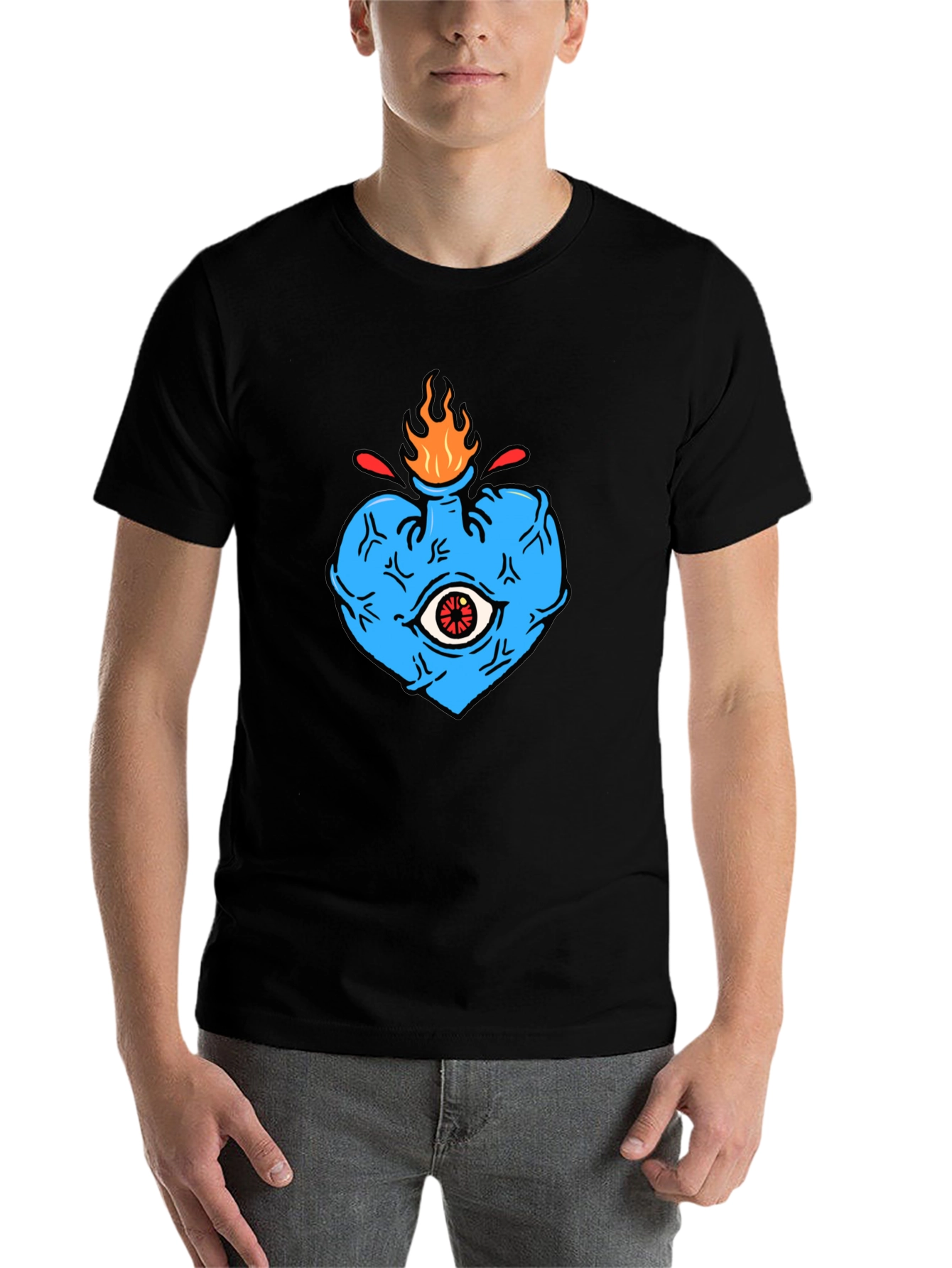 Black Men's Graphic Tee - Burning Heart Eye Design view 7