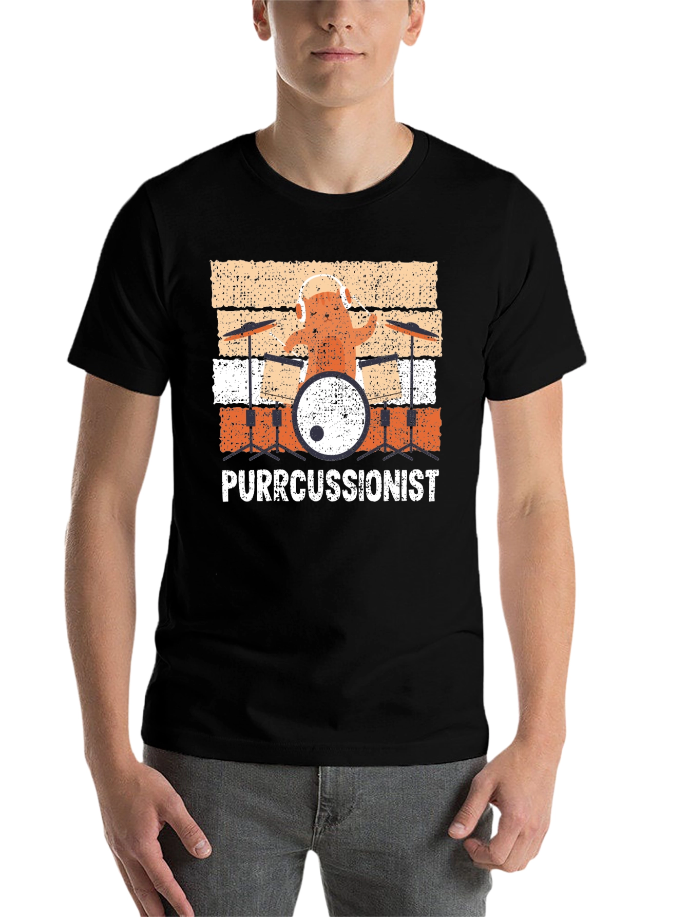 Black Purrcussionist Drummer Cat T-Shirt view 7