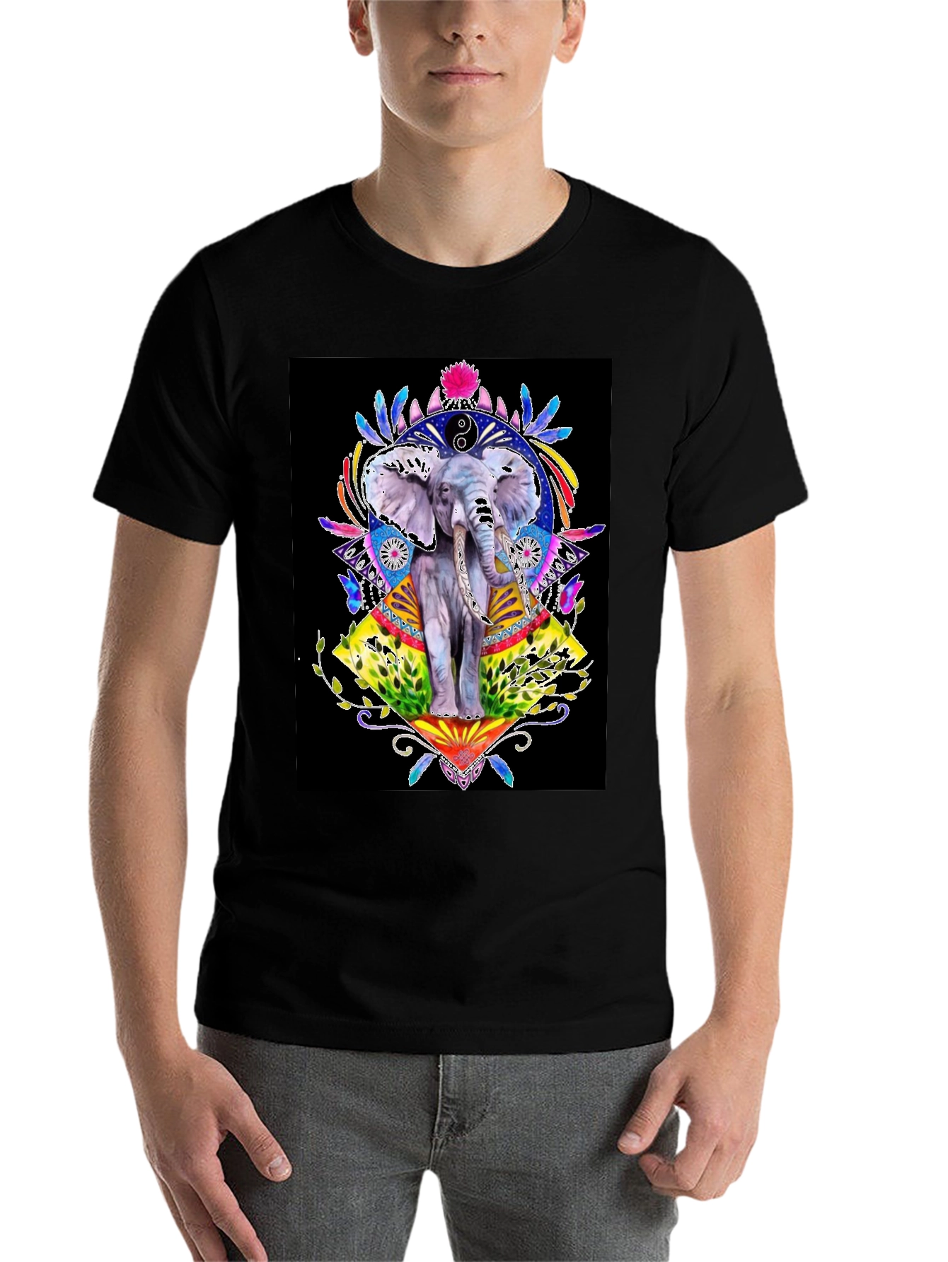 Black Elephant Art Graphic T-Shirt - Unisex Black Tee view 7