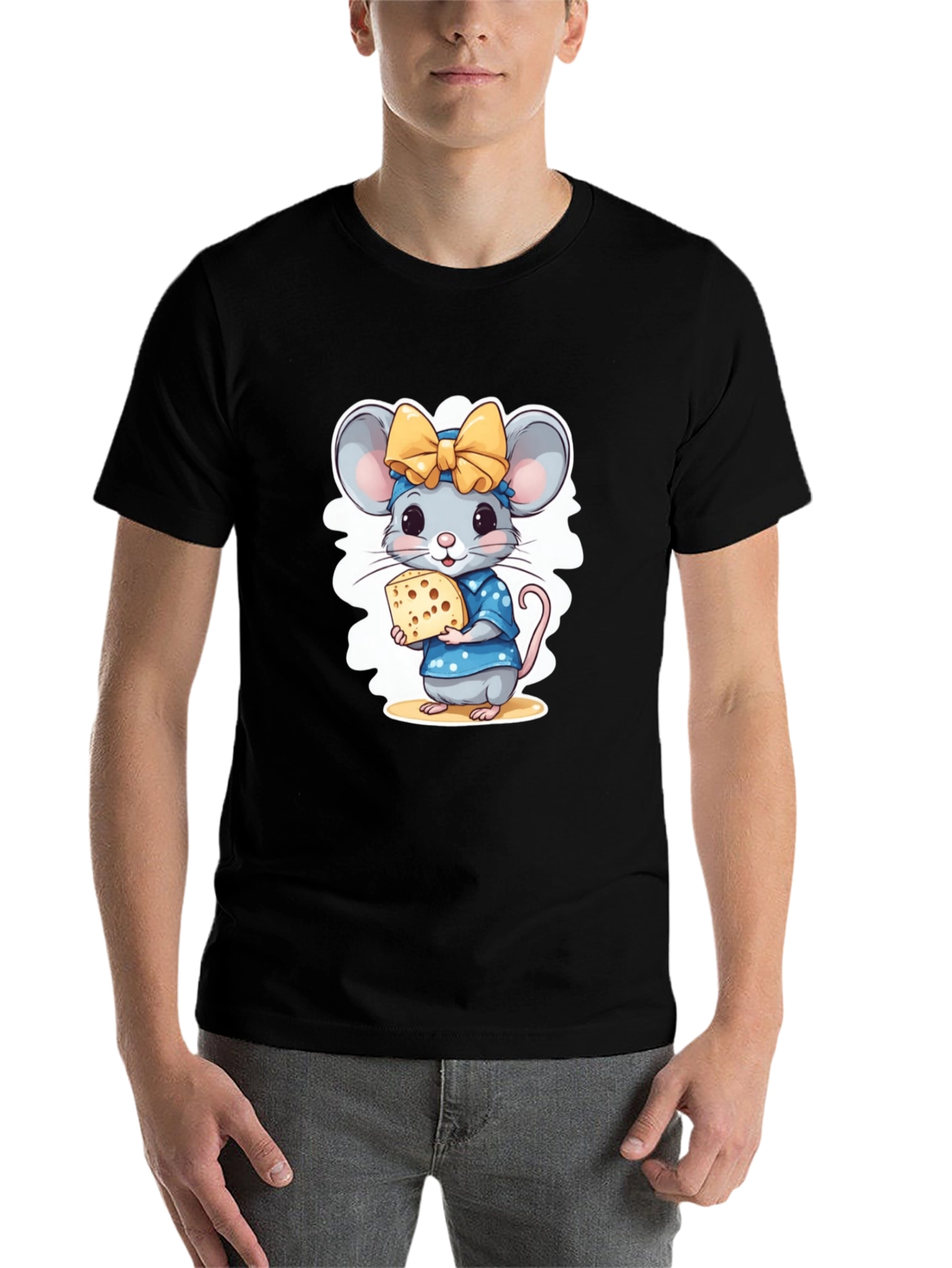 Black Cute Cartoon Mouse Cheese Lover T-Shirt view 7