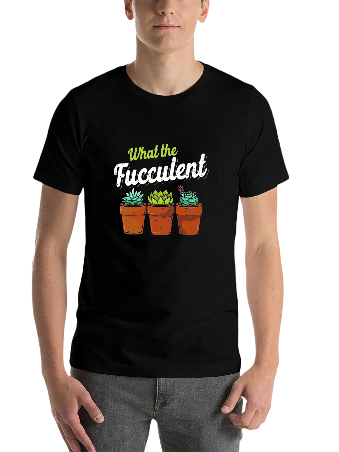 Black What the Fucculent T-Shirt - Potted Succulents view 7