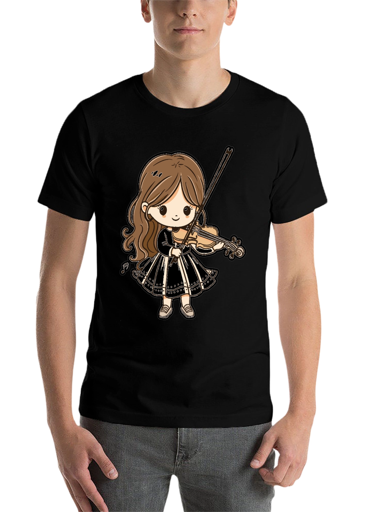 Black Cute Violin Girl Graphic Tee - Black Cotton T-Shirt view 7