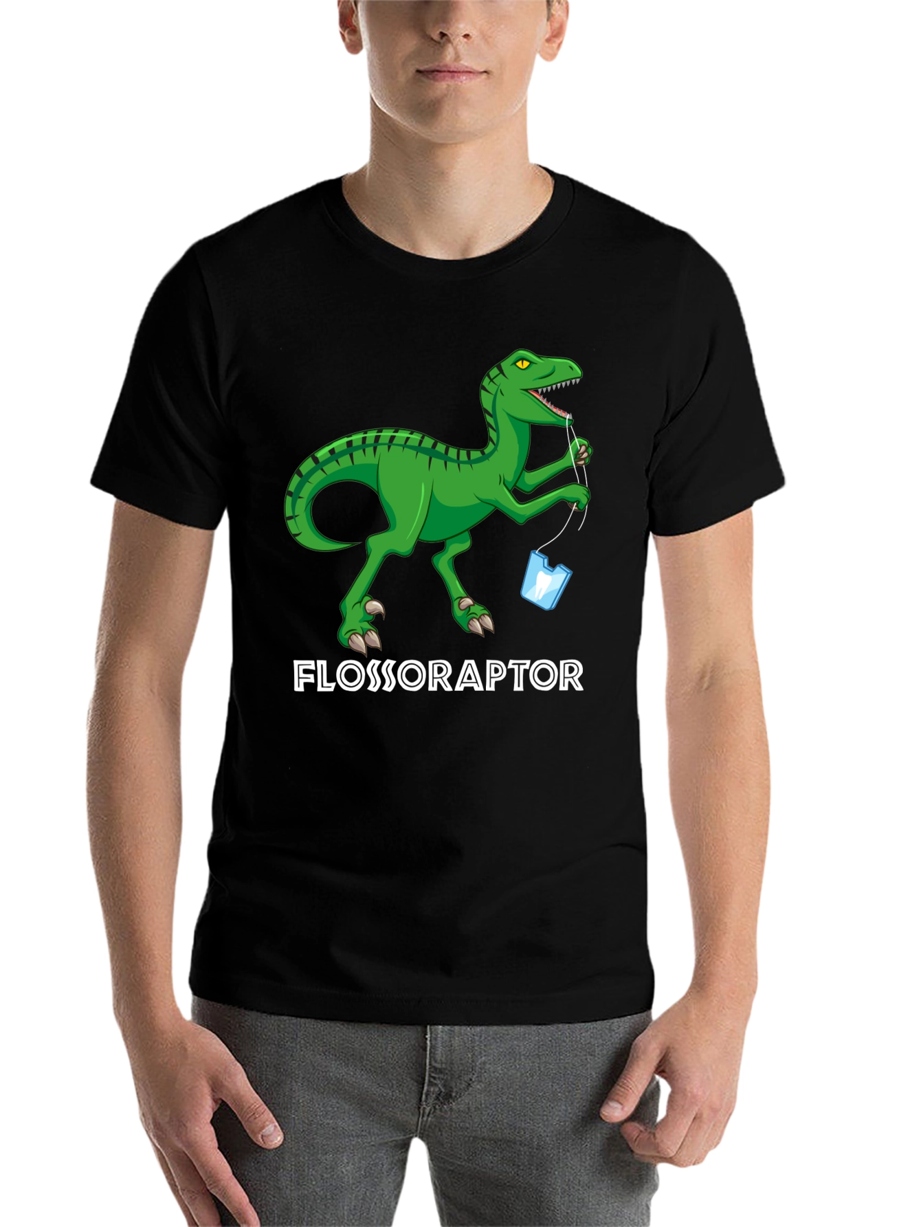 Black Flossoraptor T-Shirt - Dental Hygiene Dinosaur Tee view 7