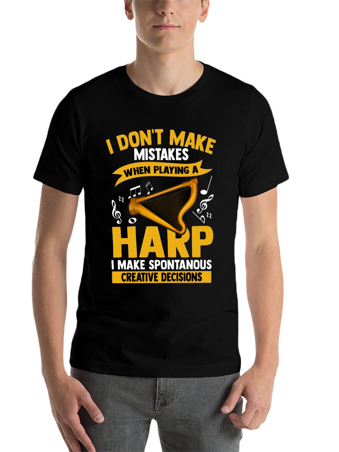 Black Funny Harp Player T-Shirt - No Mistakes, Creative Decisions view 7
