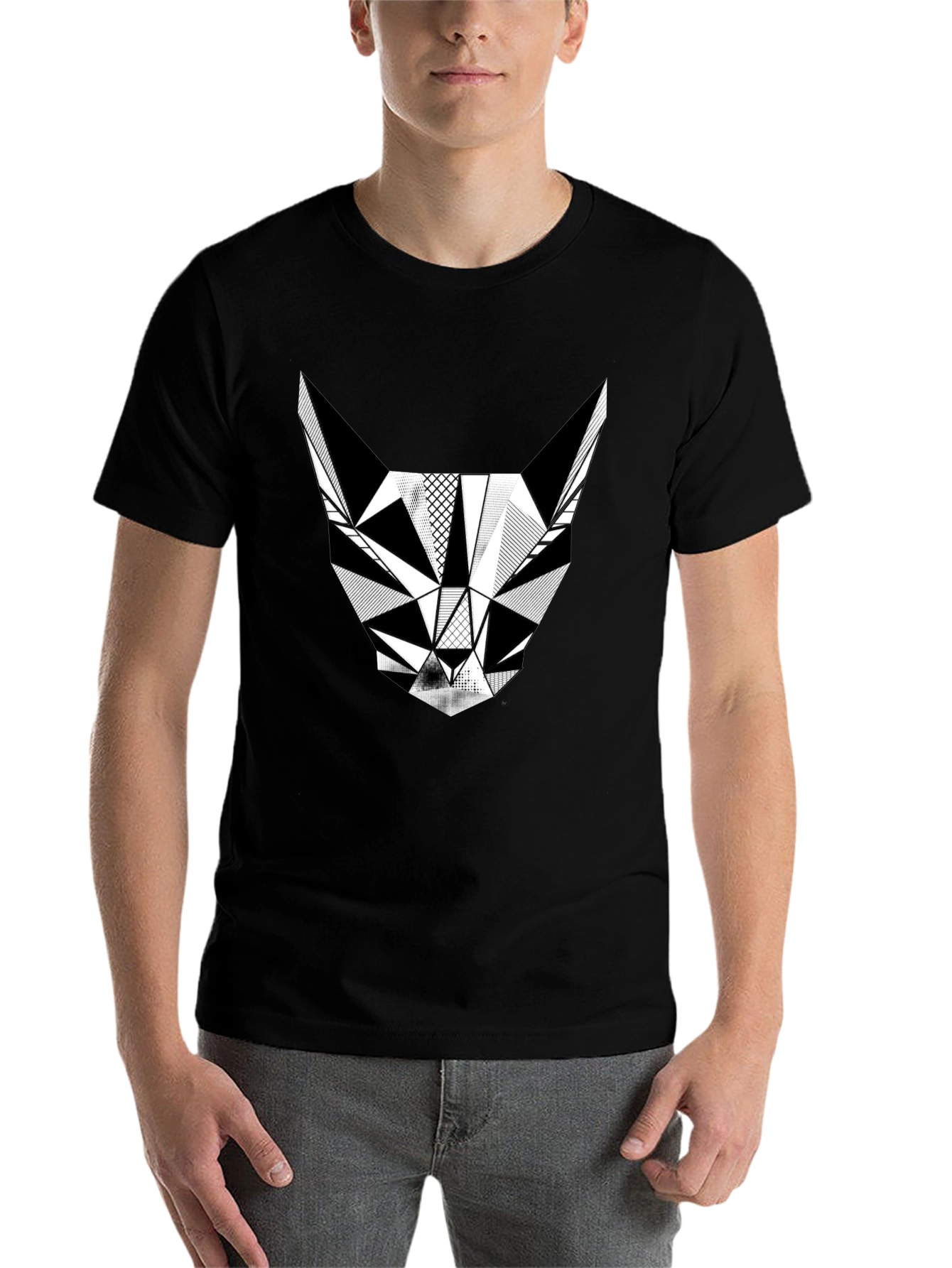 Black Geometric Cat T-Shirt - Modern Graphic Tee view 7