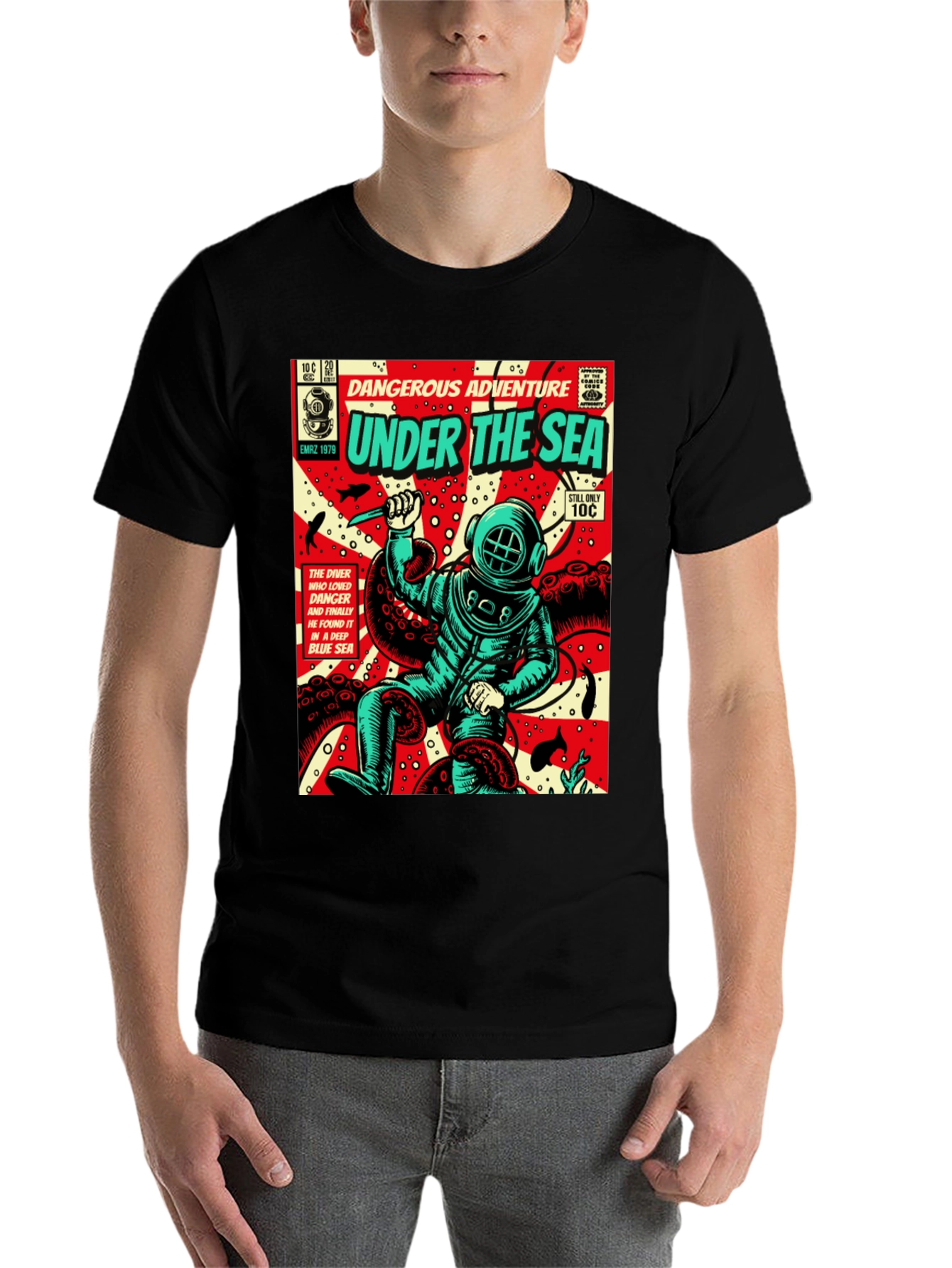 Black Under the Sea Comic Diver T-Shirt view 7