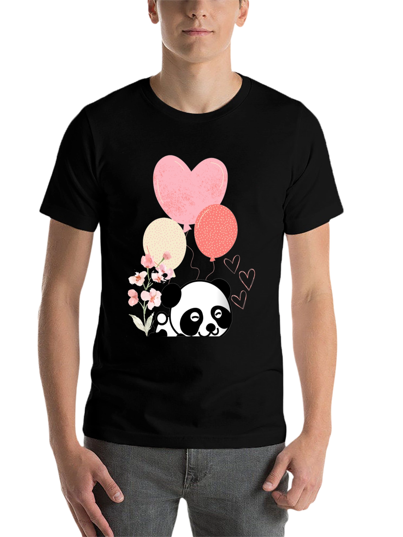 Black Cute Panda & Balloons Graphic Tee view 7