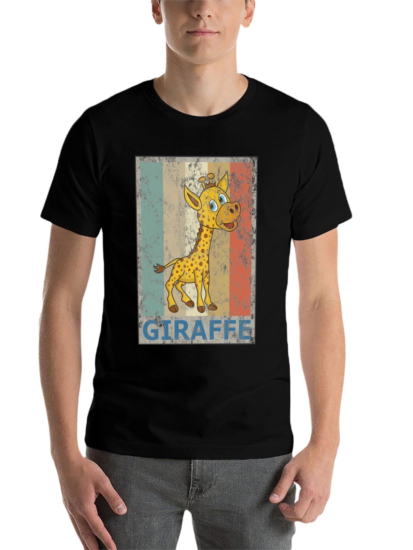 Black Giraffe Cartoon Print Black T-Shirt view 7