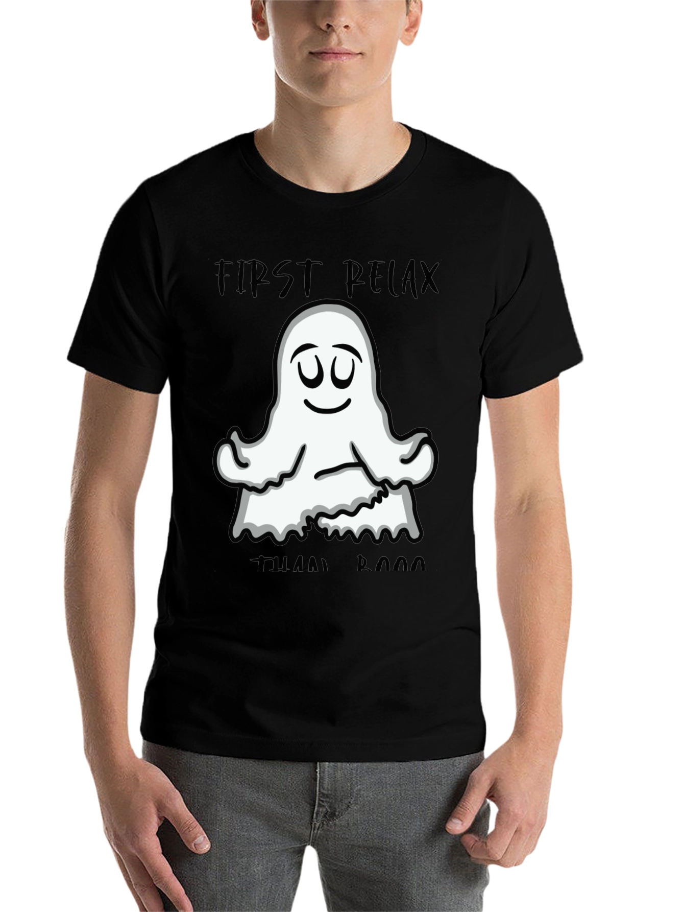 Black Relax Ghost Graphic T-Shirt - Halloween Yoga Tee view 7