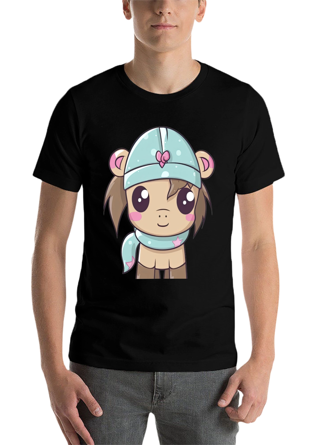 Black Cute Cartoon Animal Black T-Shirt view 7