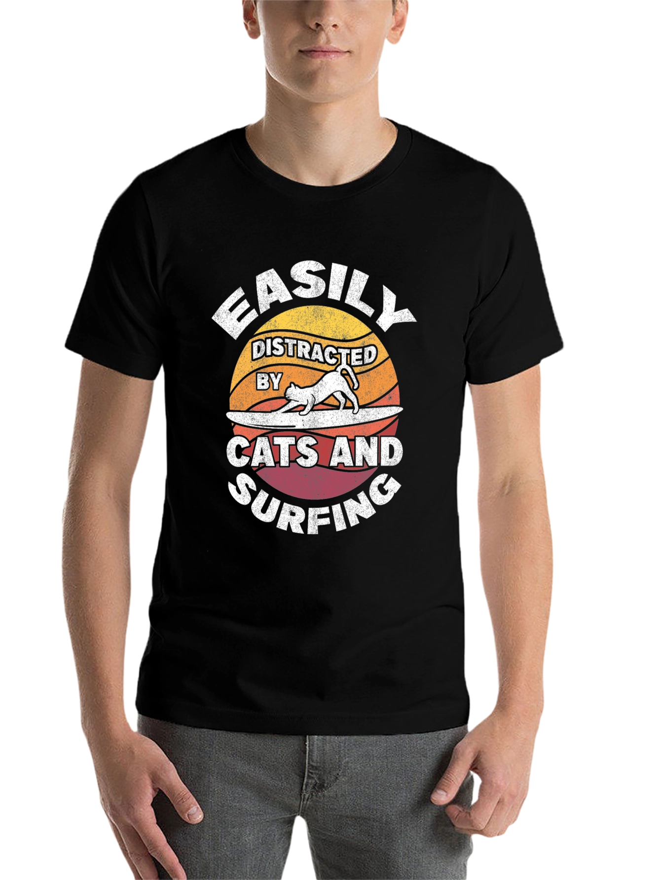 Black Easily Distracted Cats & Surfing T-Shirt view 7