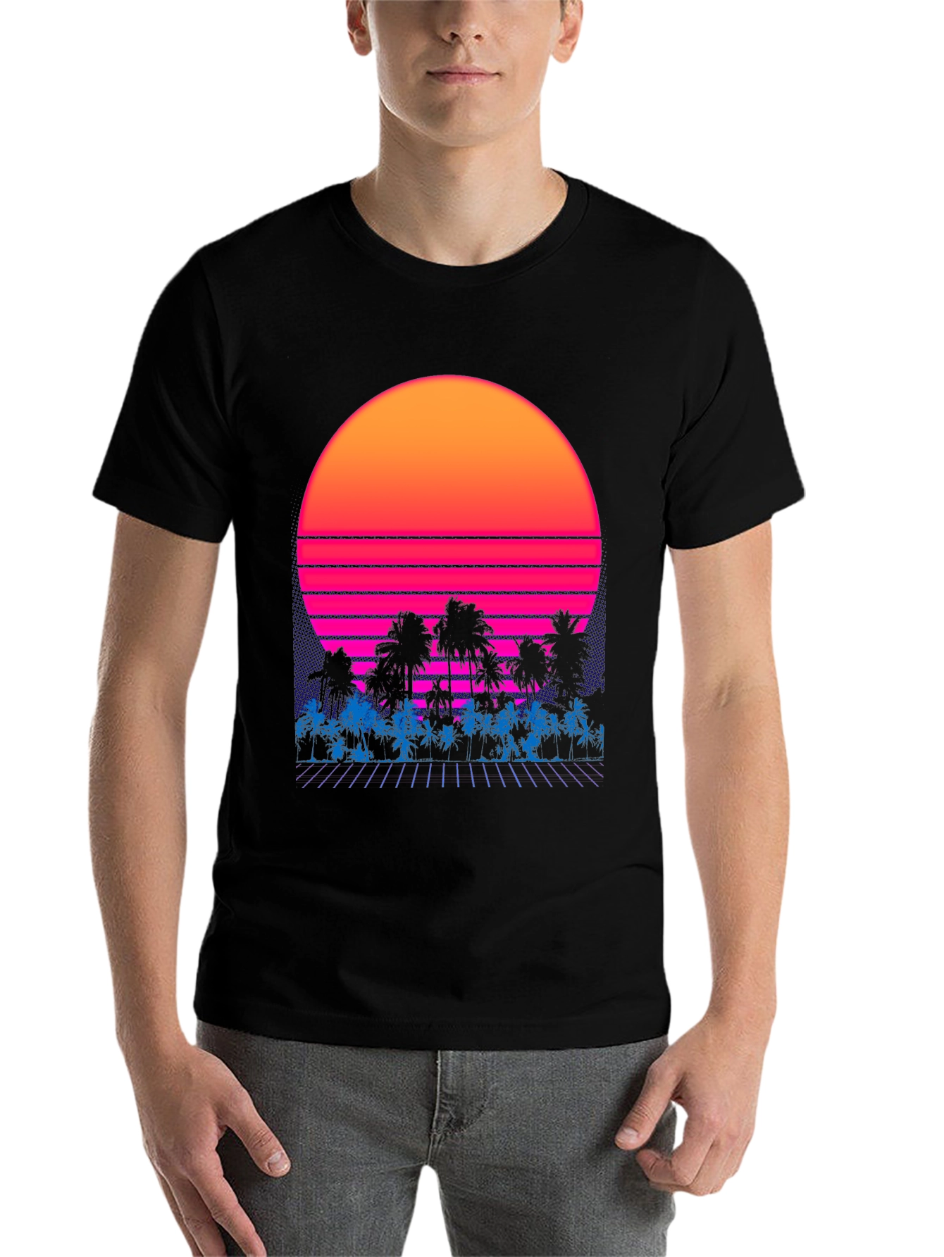 Black Retro Sunset Palm Tree Graphic Tee view 7