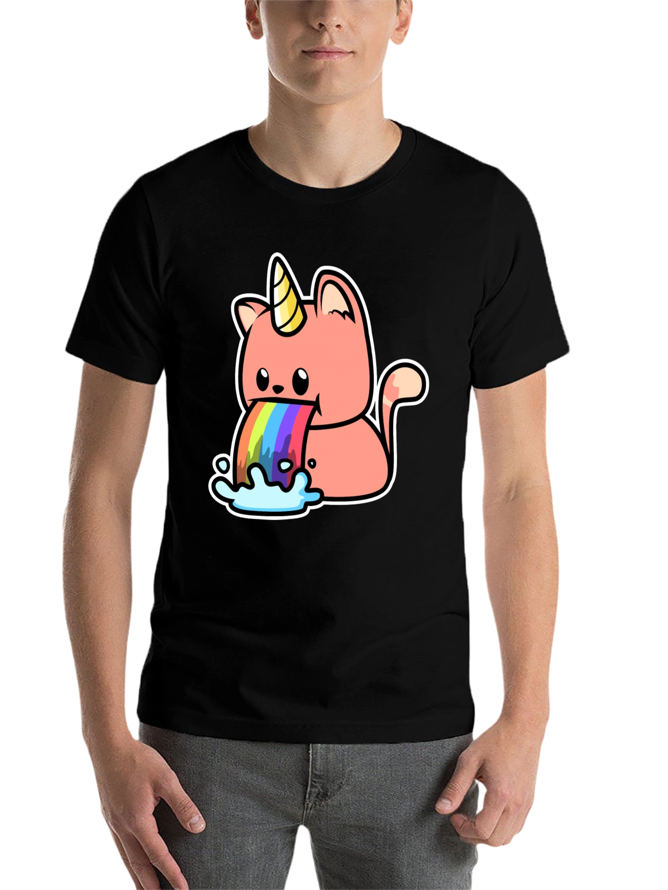 Black Unicorn Cat Rainbow Puke T-Shirt view 7