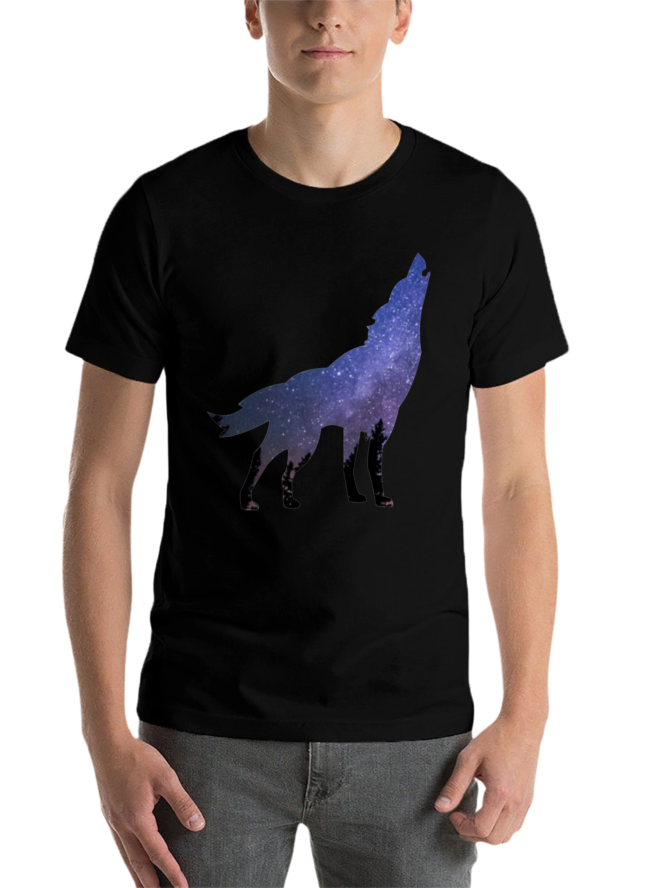 Black Galaxy Wolf Graphic Tee - Black Crew Neck T-Shirt view 7