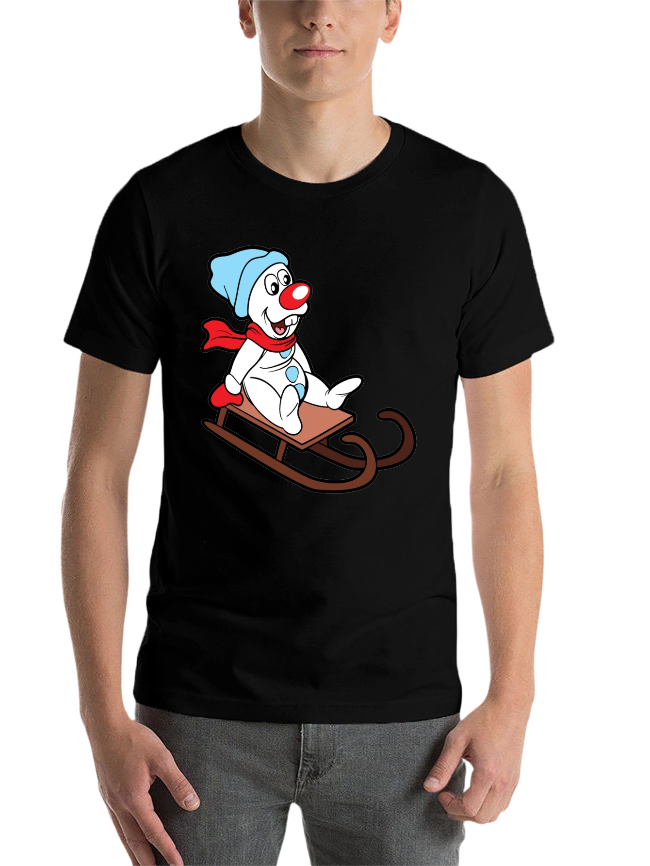 Black Snowman Sledding Graphic T-Shirt view 7
