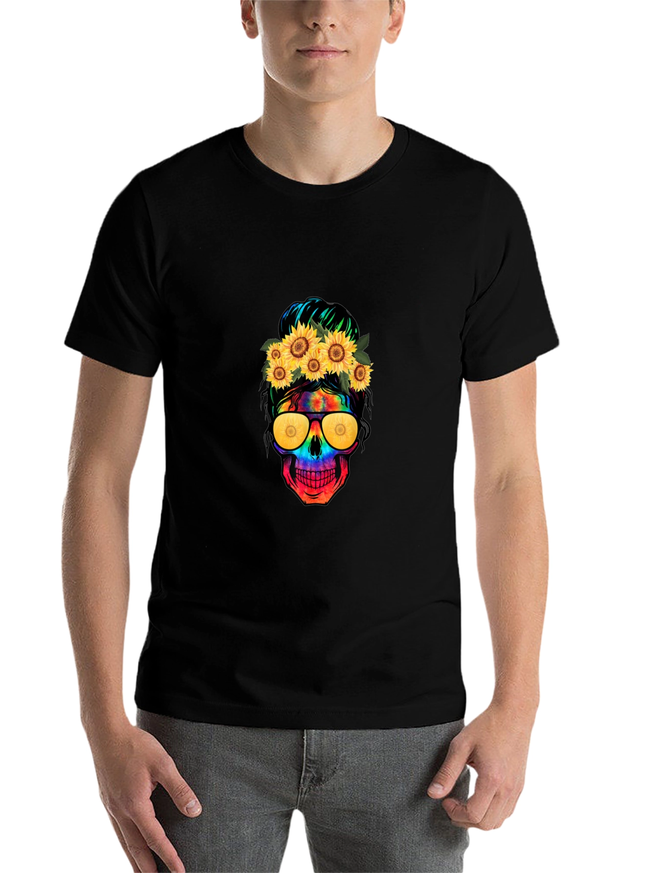 Skull with Sunflowers Graphic Tee - 7