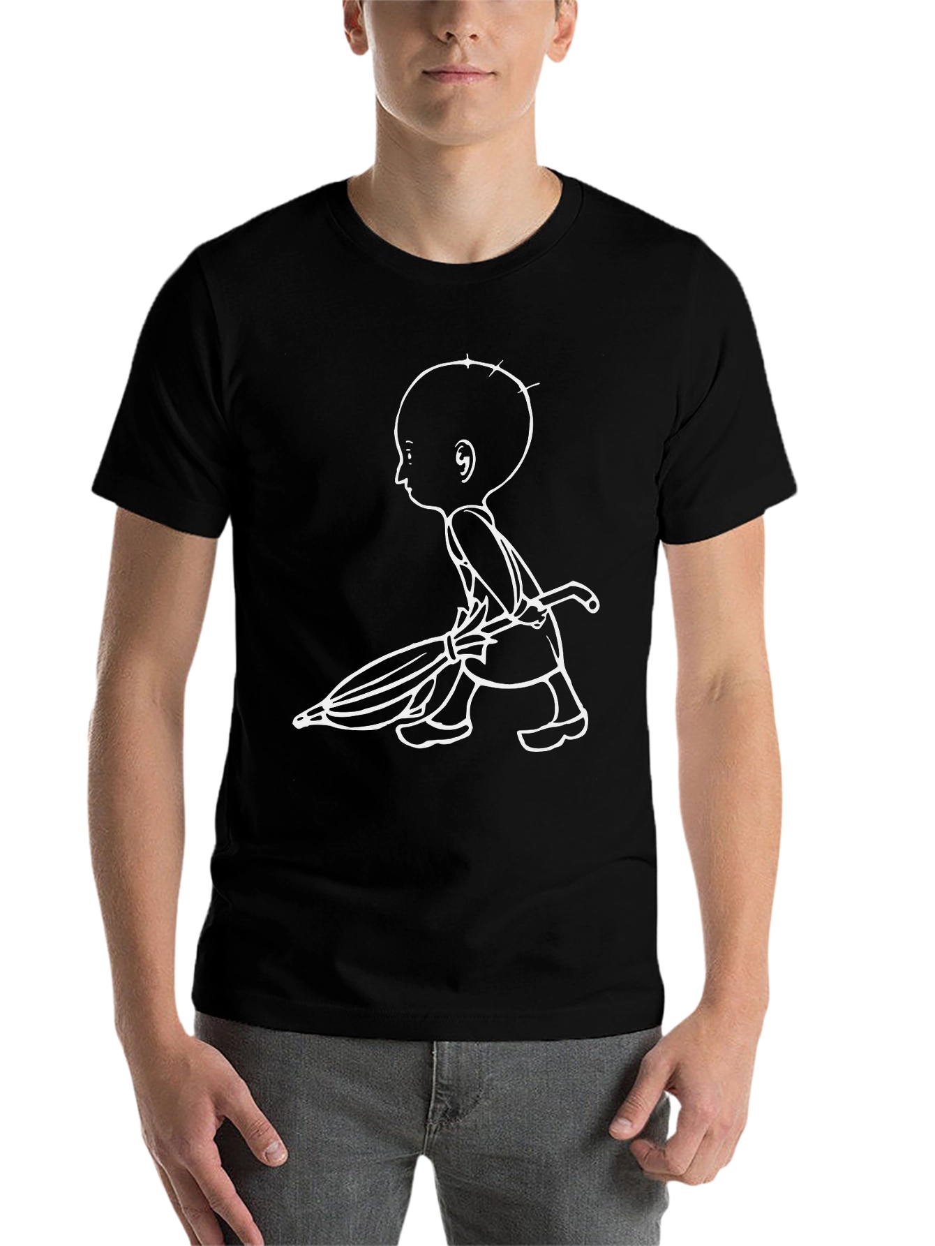 Black Unique Graphic Tee: Cartoon Character with Umbrella view 7