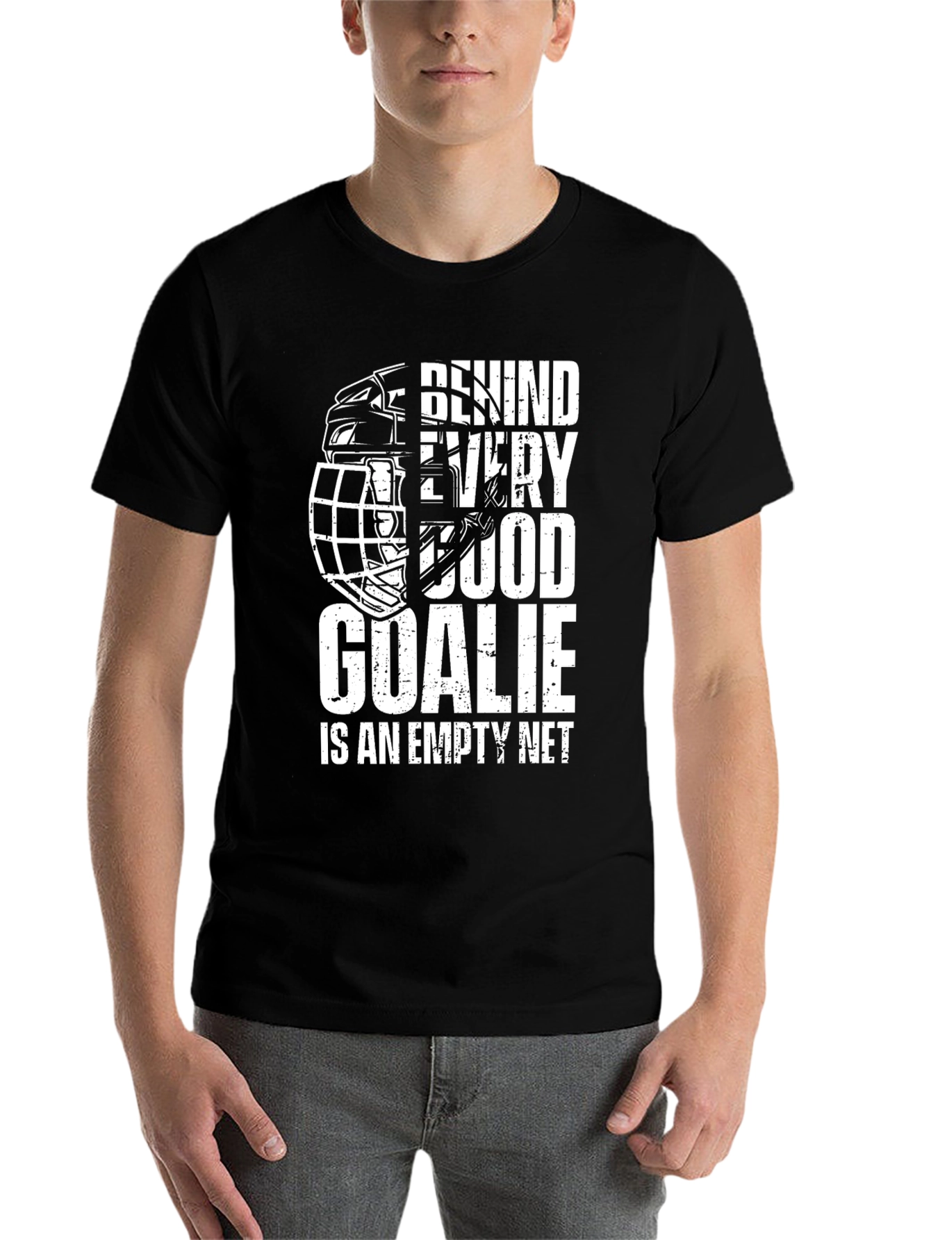 Black Hockey Goalie T-Shirt - Behind Every Good Goalie Empty Net Tee view 7