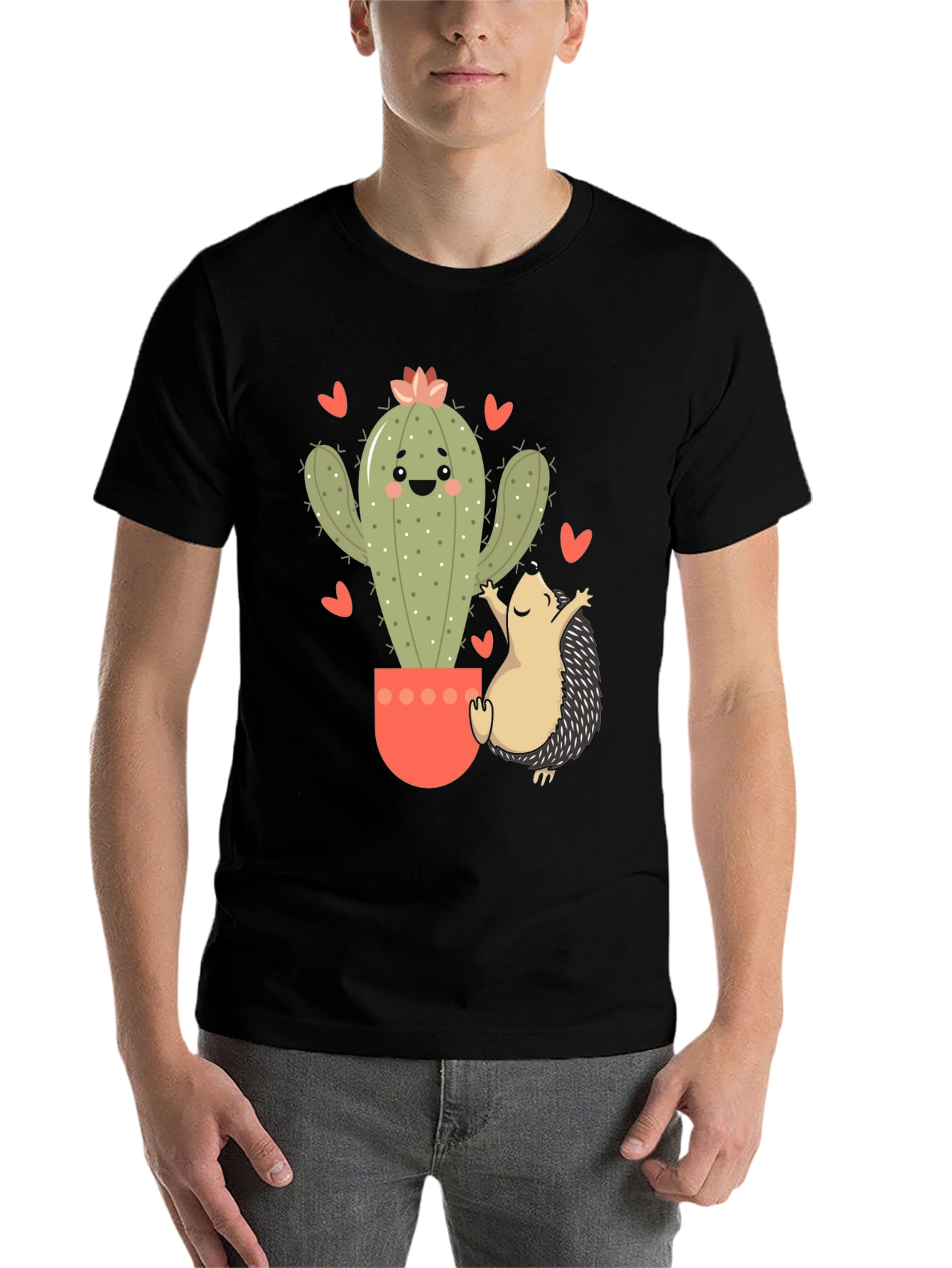 Black Cute Cactus & Hedgehog Graphic Tee view 7