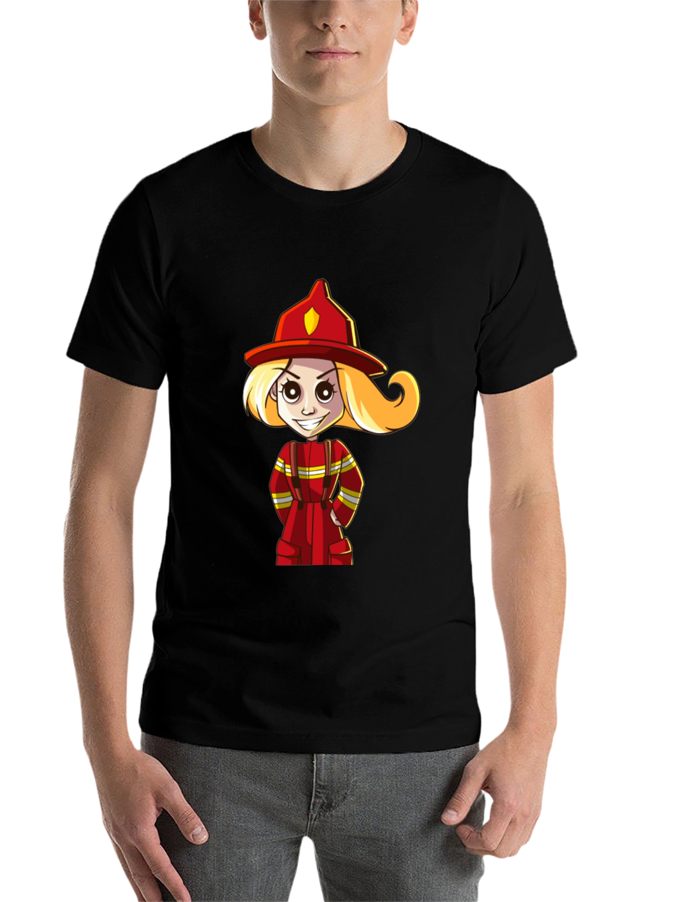 Black Cartoon Firefighter Girl T-Shirt view 7