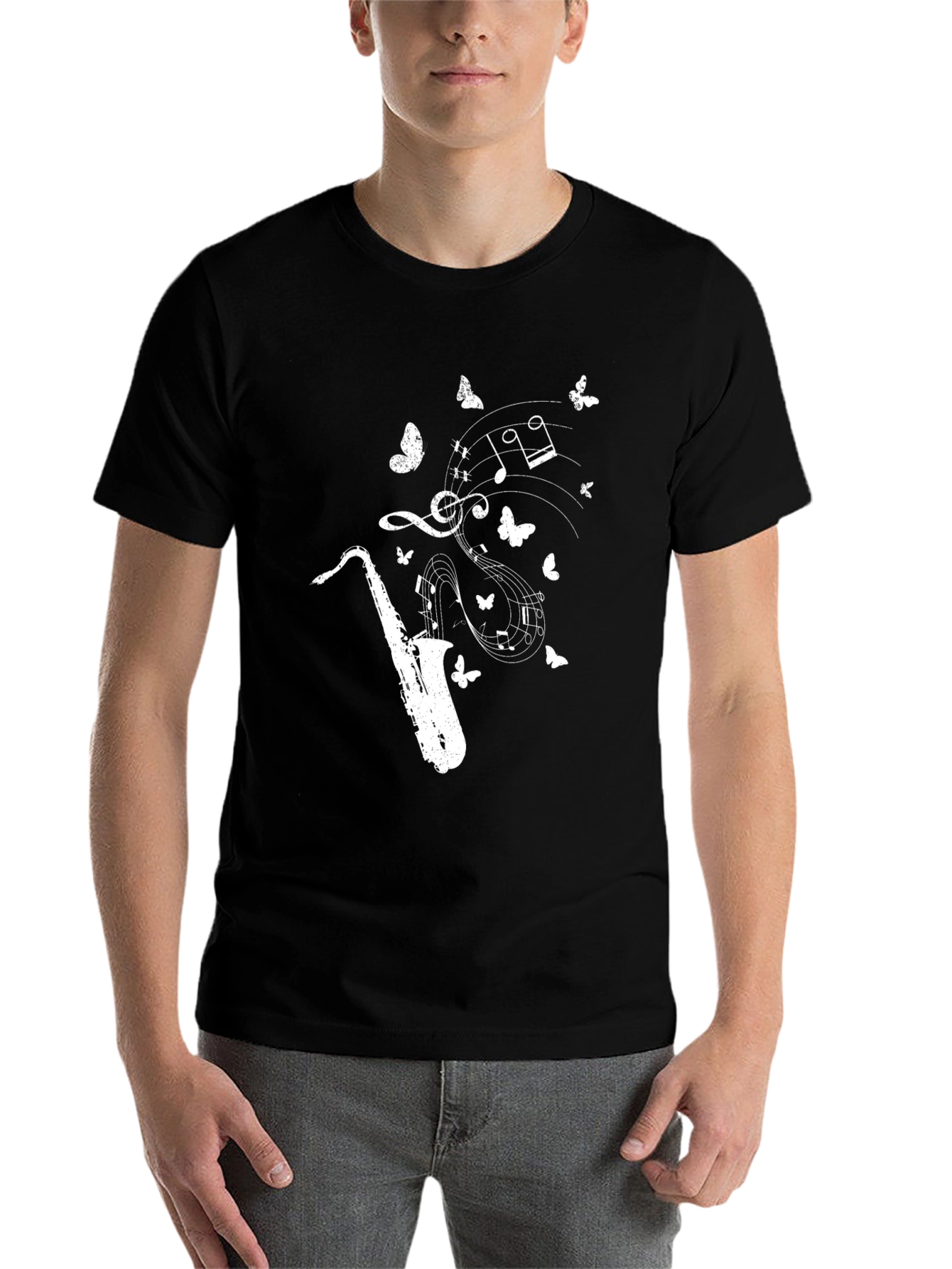 Black Saxophone Music Notes Butterfly Graphic Tee view 7