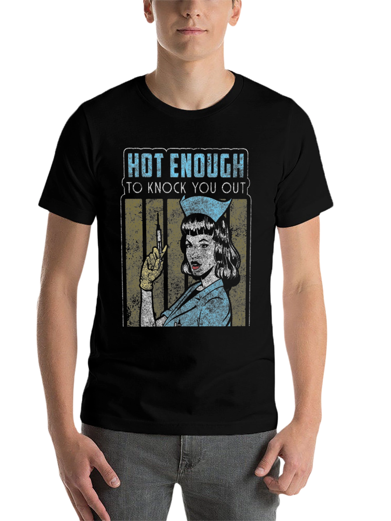 Black Hot Enough Nurse T-Shirt - Knock You Out Retro Design view 7