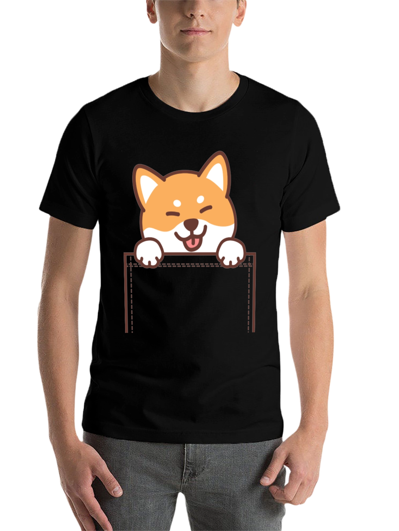 Black Cute Shiba Inu Pocket T-Shirt view 7