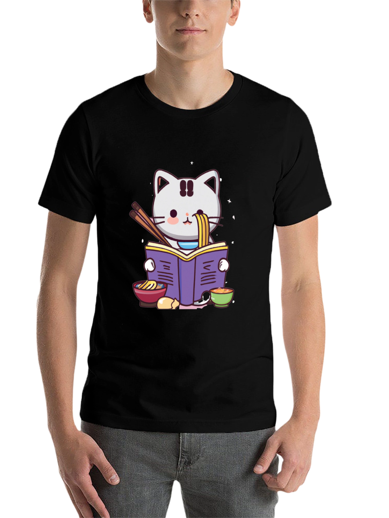 Black Ramen Cat Reading T-Shirt view 7